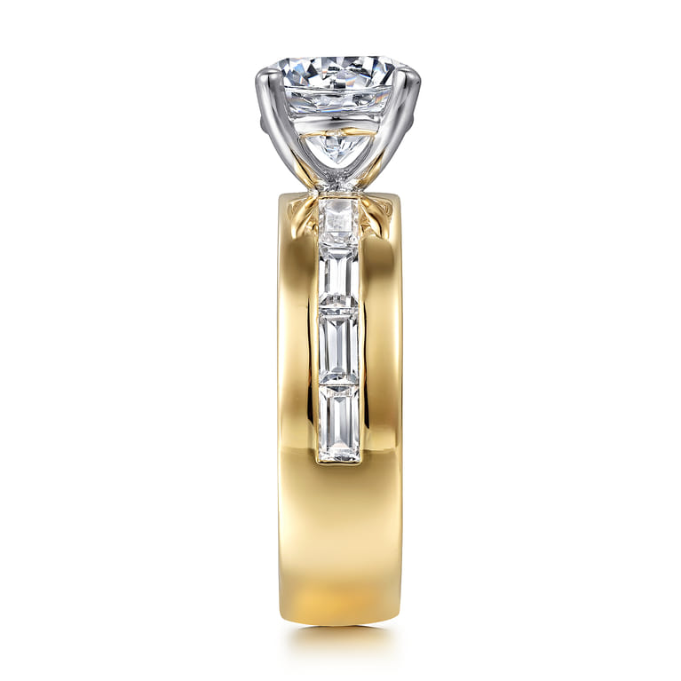 Elsaa - 14K Yellow-White Gold Channel Set Baguette Wide Band Round Diamond Engagement Ring - 0.75 ct - Shot 5