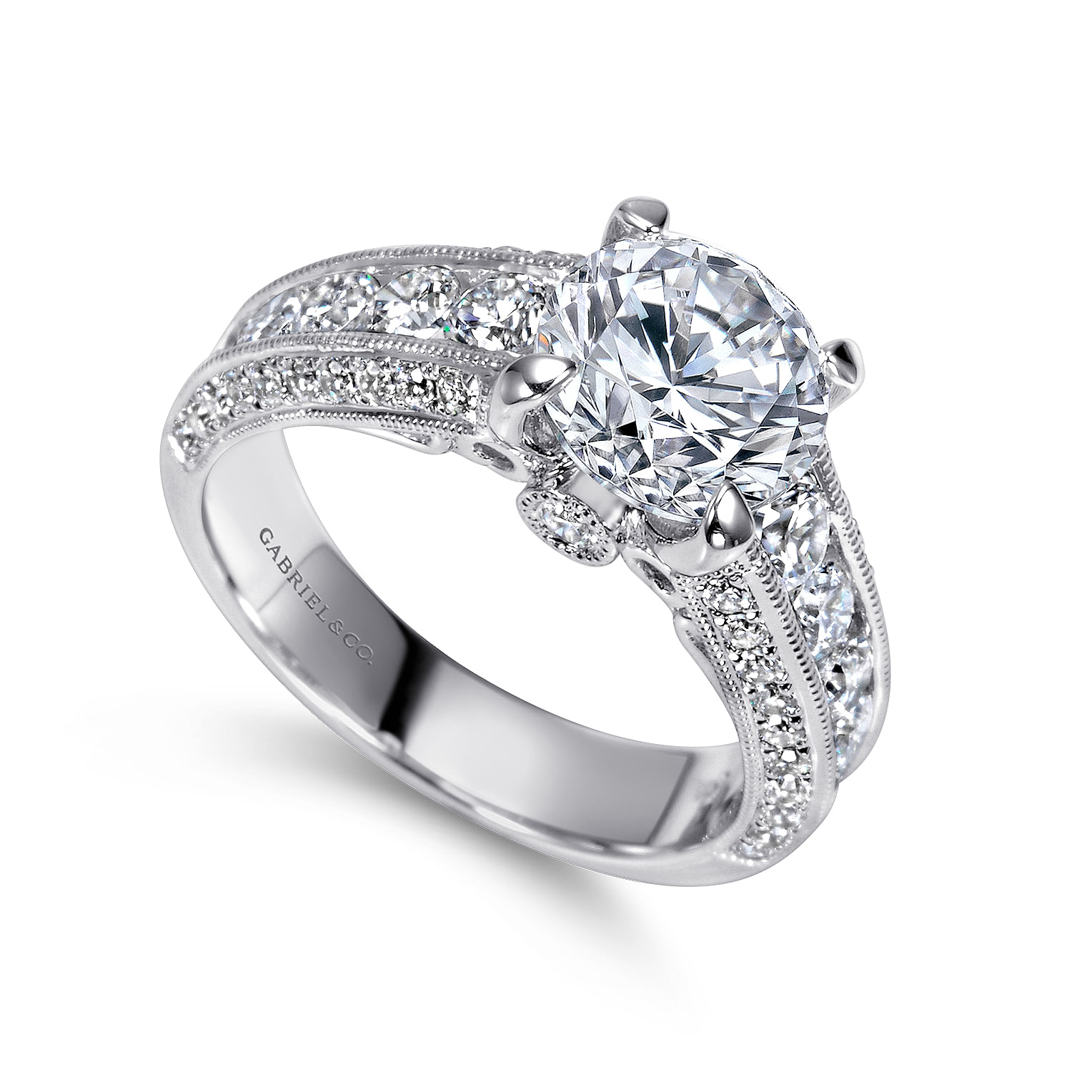 Rebecca - Platinum Vintage Inspired Round Wide Band Diamond Channel Set Engagement Ring - 1.29 ct - Shot 3