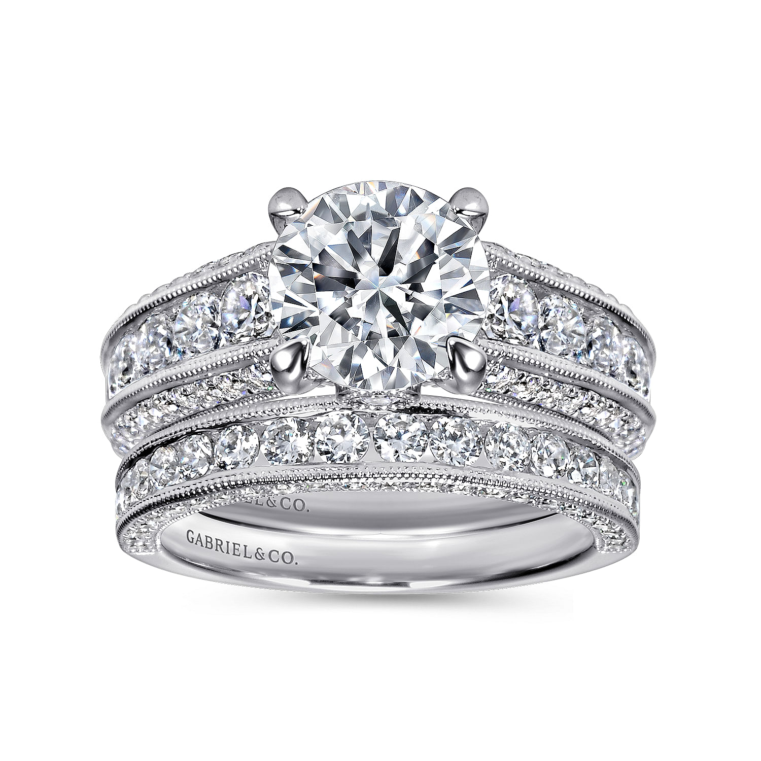 Rebecca - Platinum Vintage Inspired Round Wide Band Diamond Channel Set Engagement Ring - 1.29 ct - Shot 4