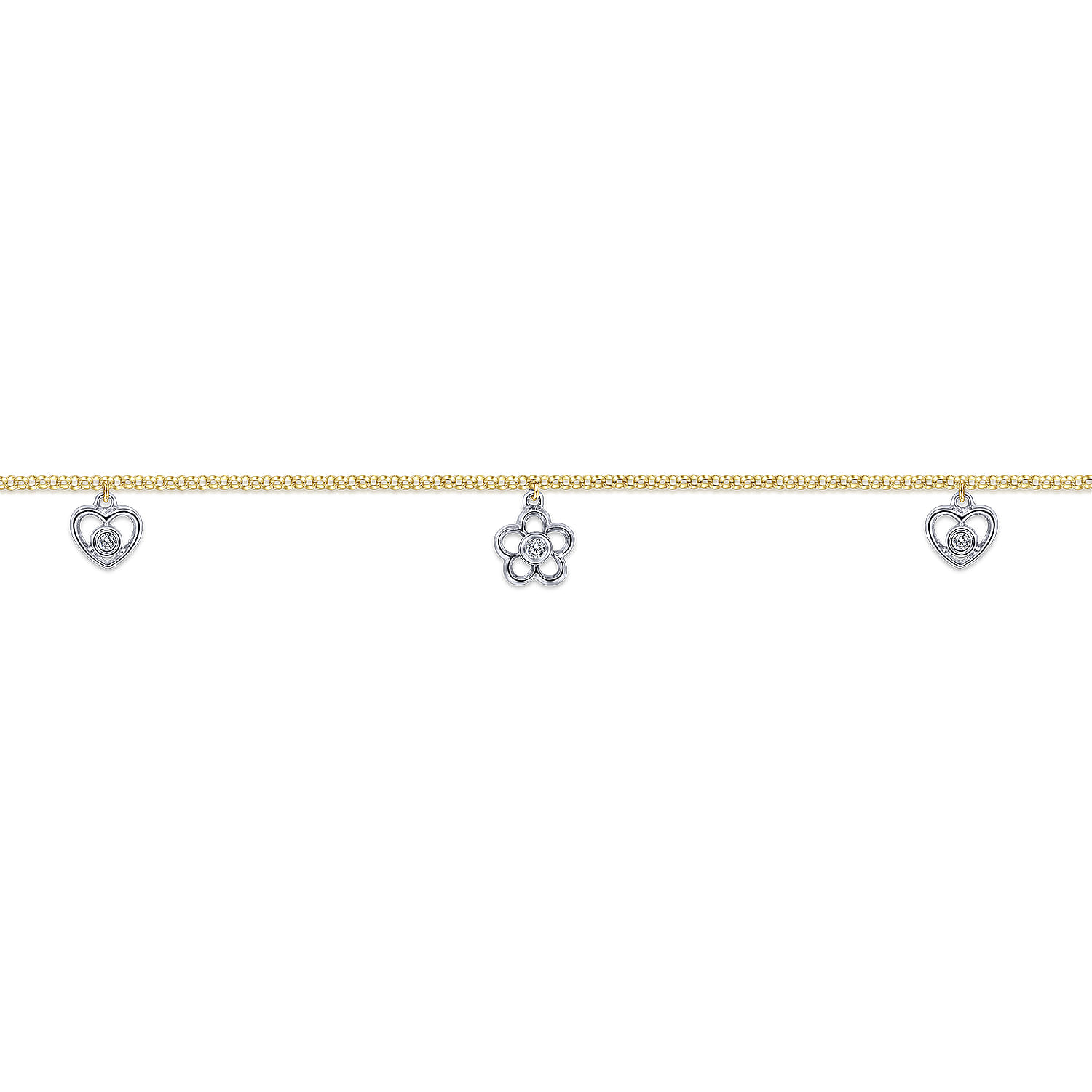 Chain Ankle Bracelet with White Gold Diamond Flower and Charms in 14K Yellow Gold, photograph 2