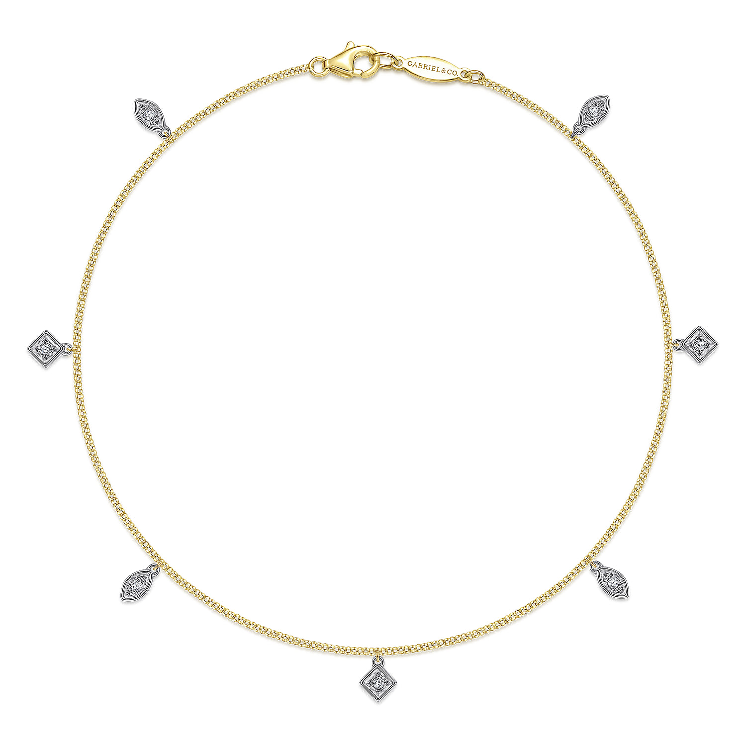 Chain Ankle Bracelet with White Gold Diamond Leaf and Square Charms