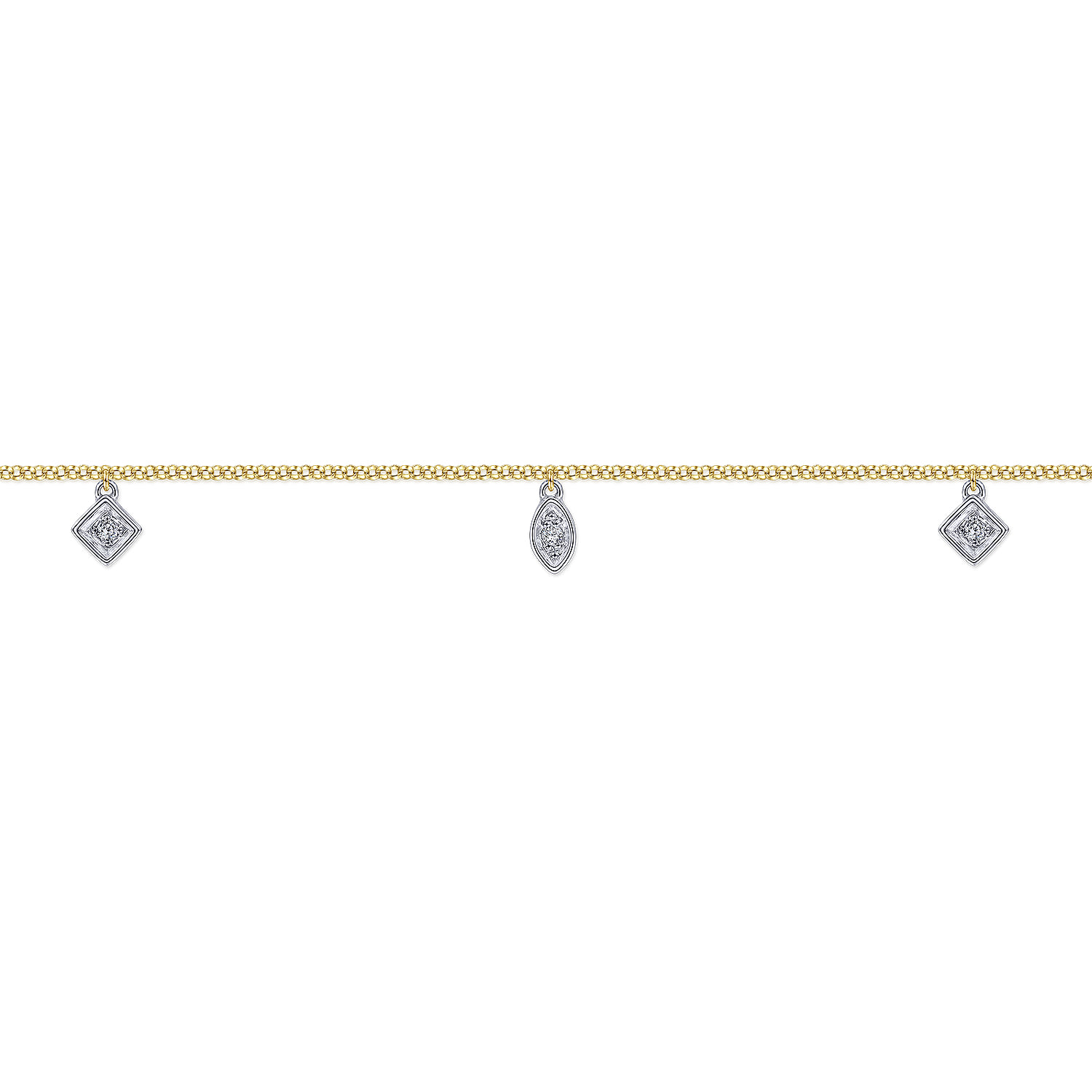 Chain Ankle Bracelet with White Gold Diamond Leaf and Square Charms in 14K Yellow Gold, photograph 2