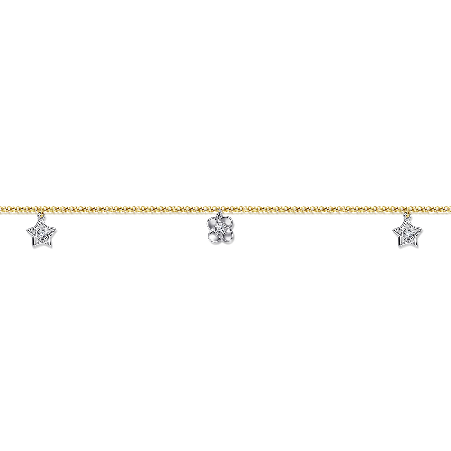 Chain Ankle Bracelet with White Gold Diamond Flower and Star Charms in 14K Yellow Gold, photograph 2