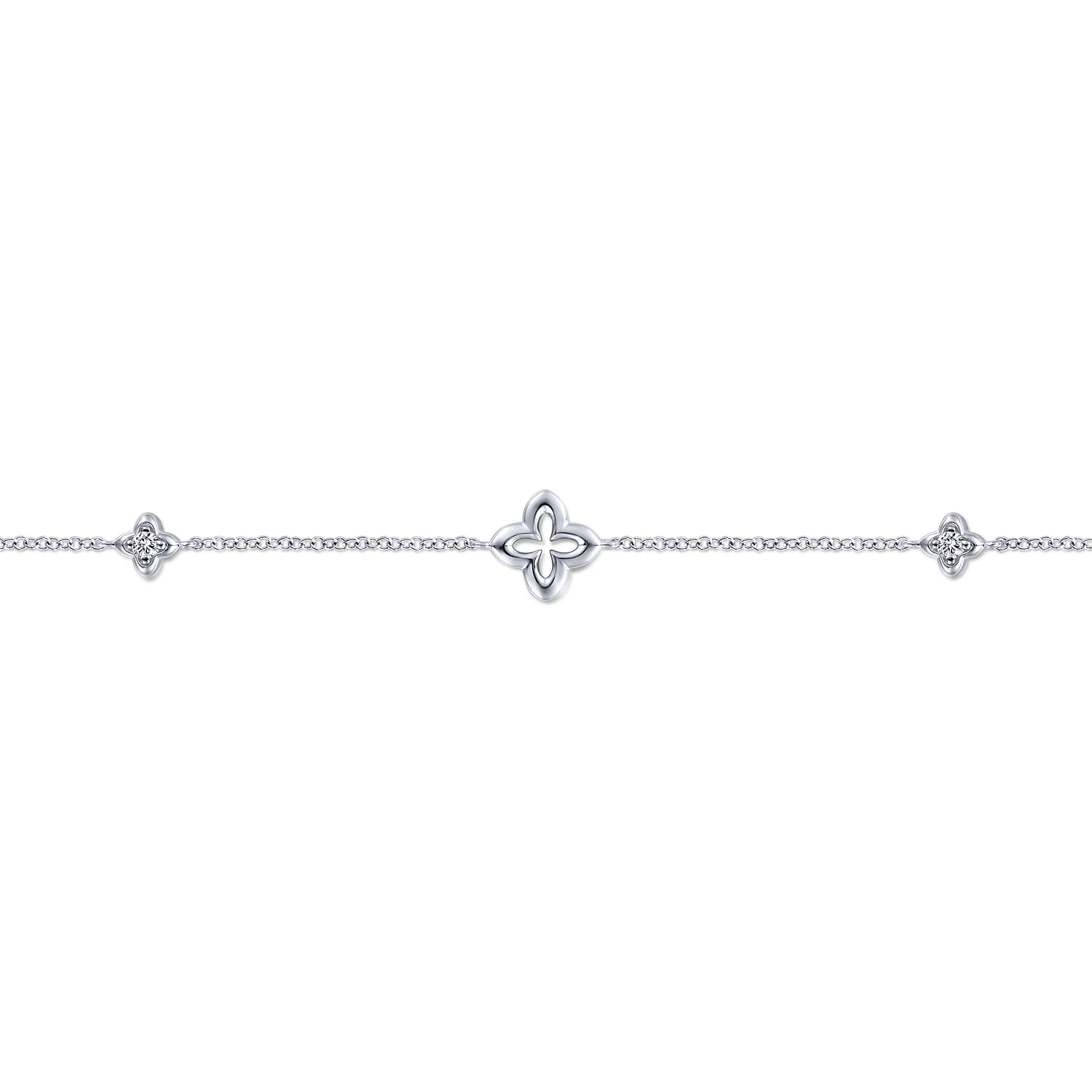 White Sapphire Ankle Bracelet with Clover Stations in Sterling Silver, photograph 2