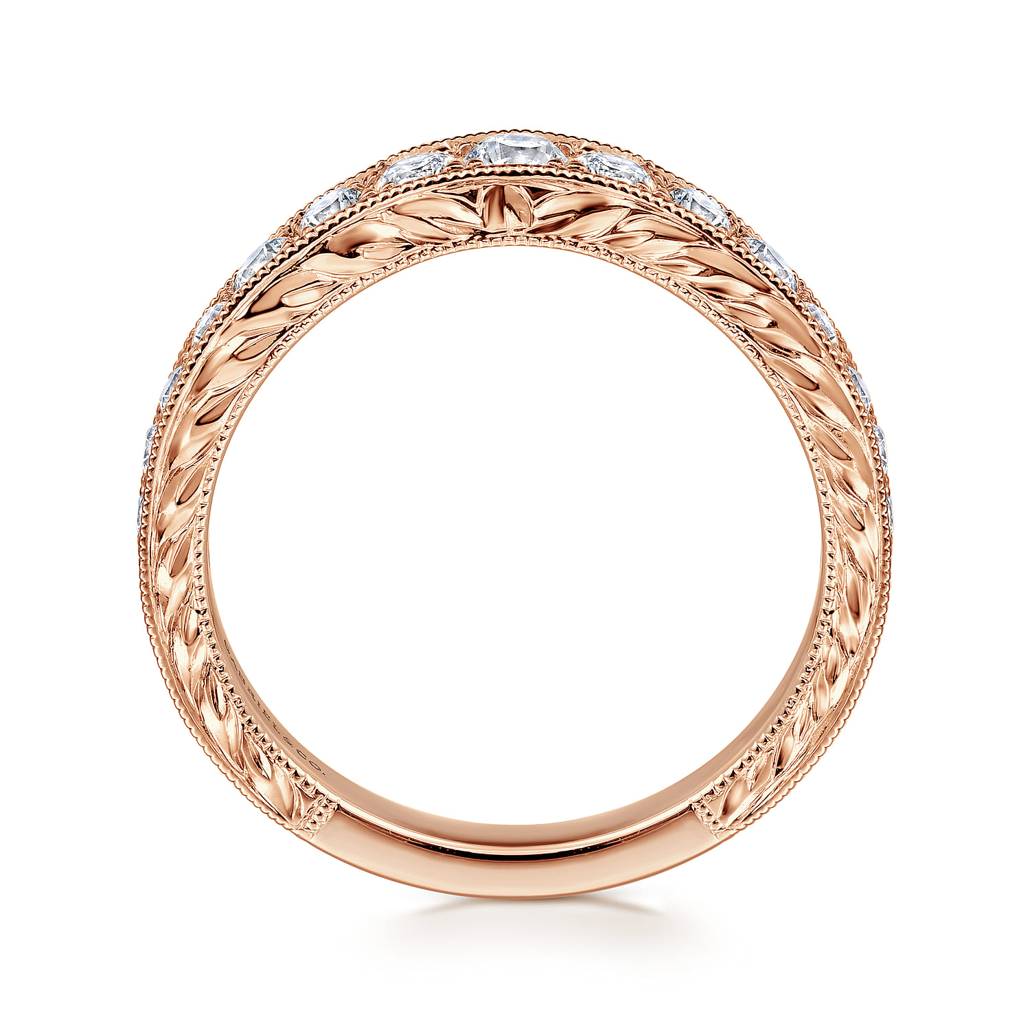 Vintage Inspired Curved Channel Set Diamond Wedding Band with Engraving in 14K Rose Gold, photograph 2
