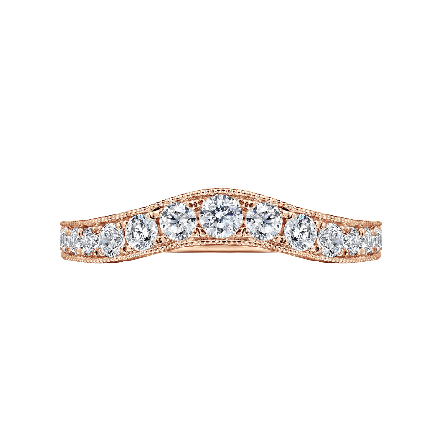 Vintage Inspired Curved Channel Set Diamond Wedding Band with Engraving in 14K Rose Gold, photograph 6