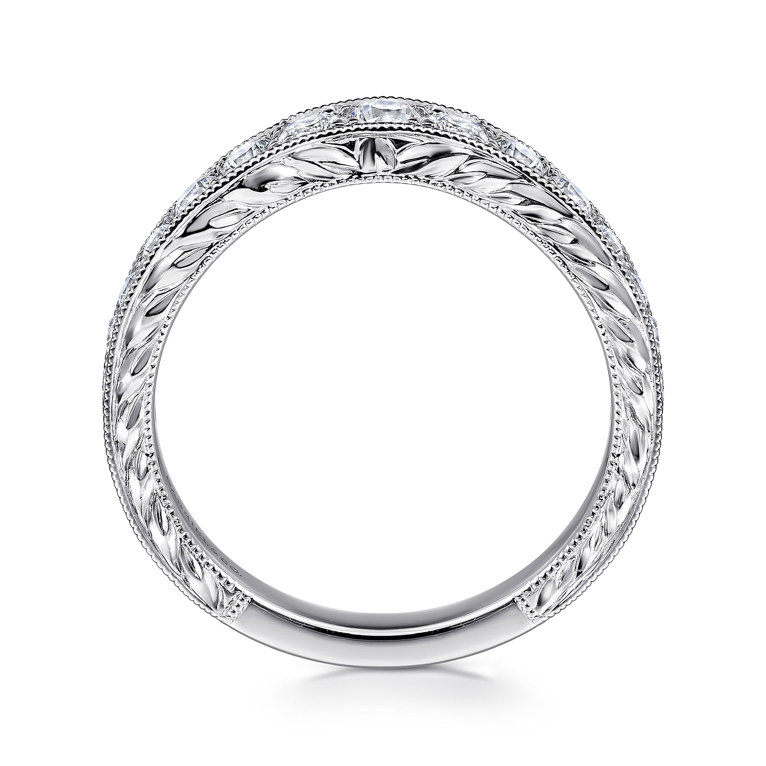 Vintage Inspired Curved Channel Set Diamond Wedding Band with Engraving in Platinum, photograph 2