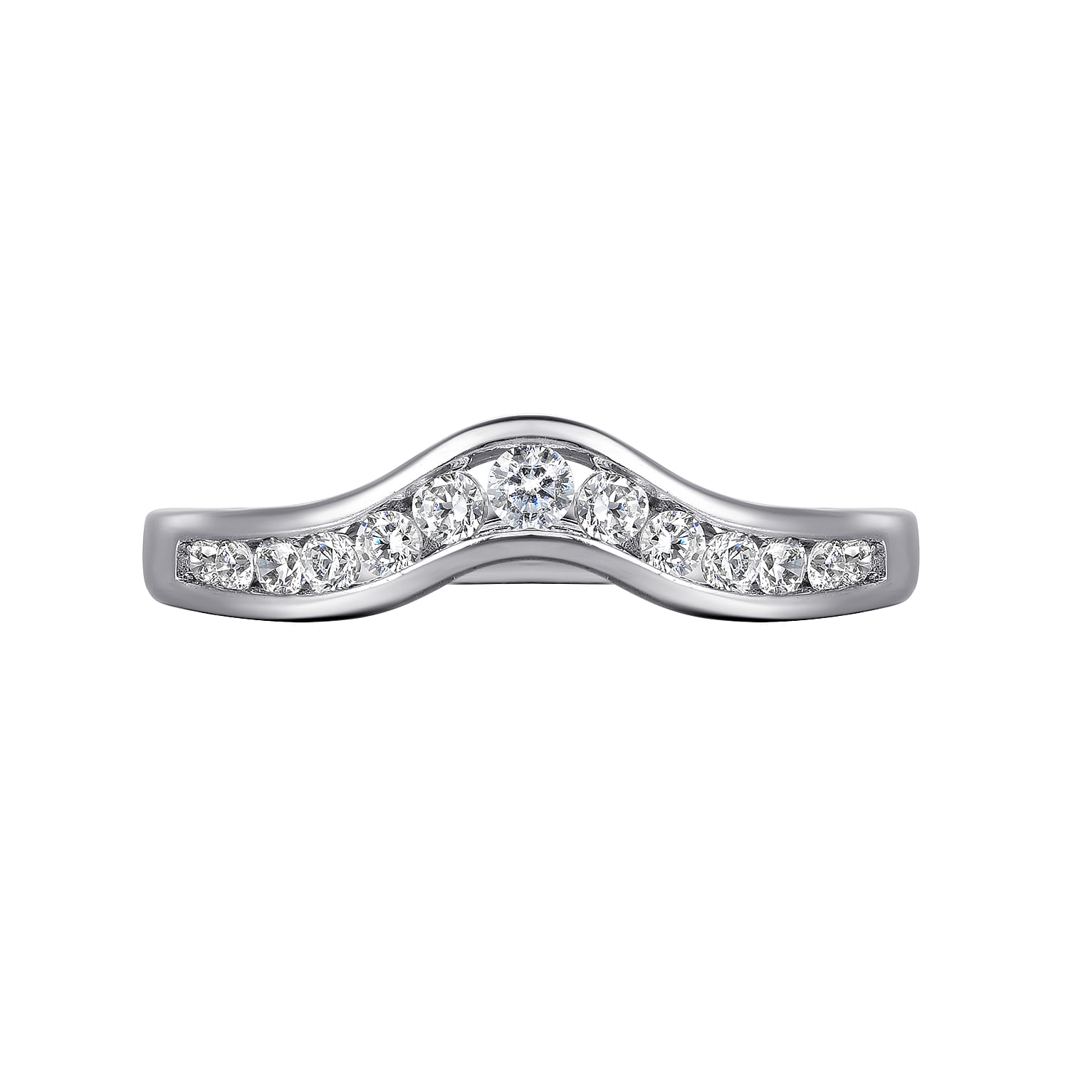 Curved Channel Set Diamond Wedding Band in 14K White Gold, photograph 6