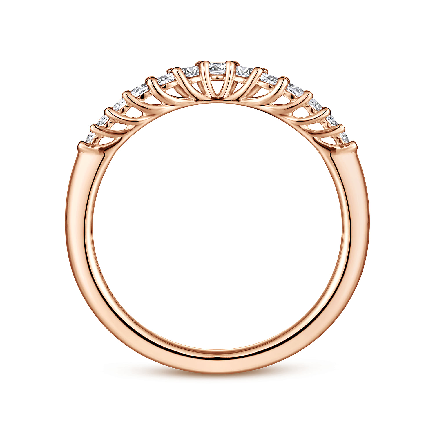 Curved Shared Prong Diamond Wedding Band in 14K Rose Gold, photograph 2
