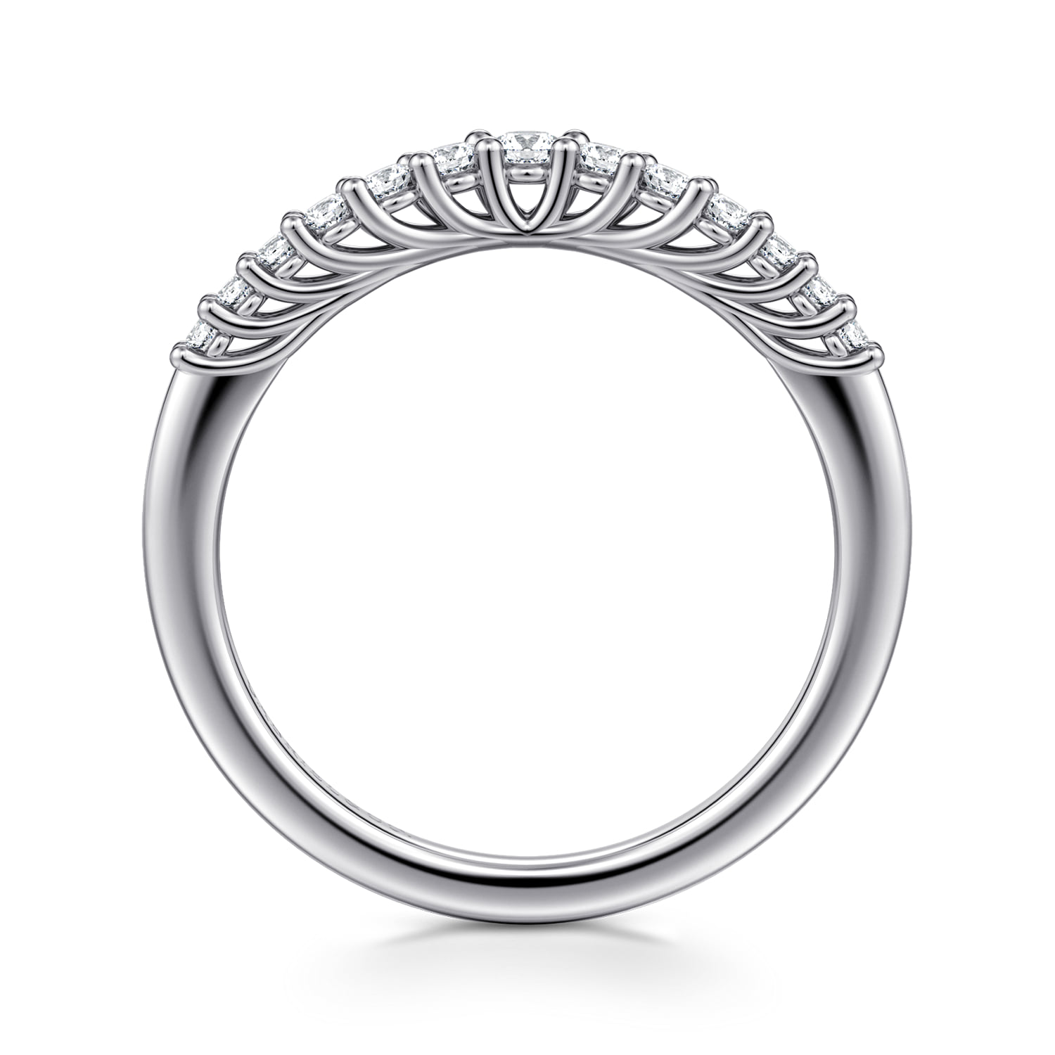 Curved Shared Prong Diamond Wedding Band in Platinum, photograph 2
