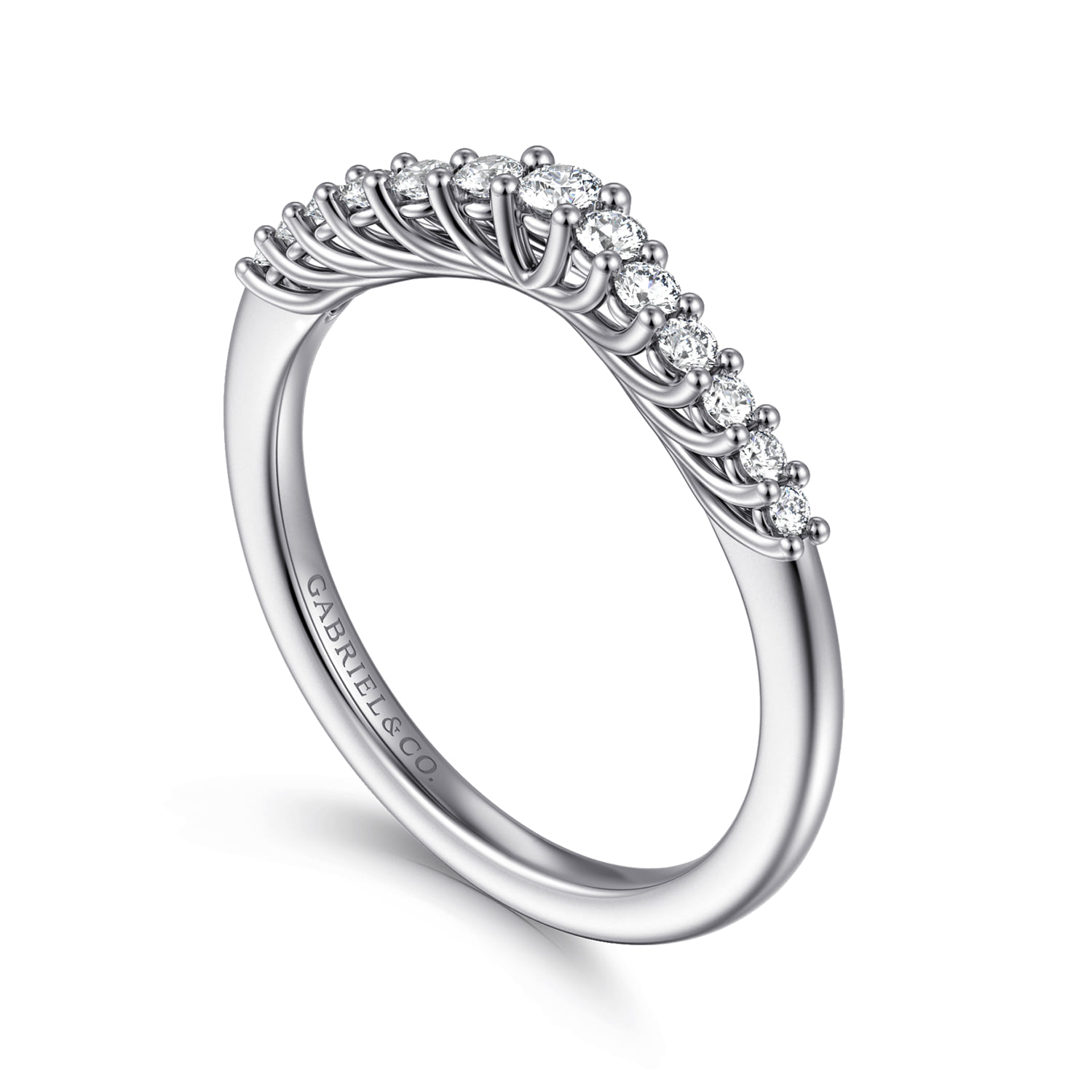 Curved Shared Prong Diamond Wedding Band in Platinum, photograph 3