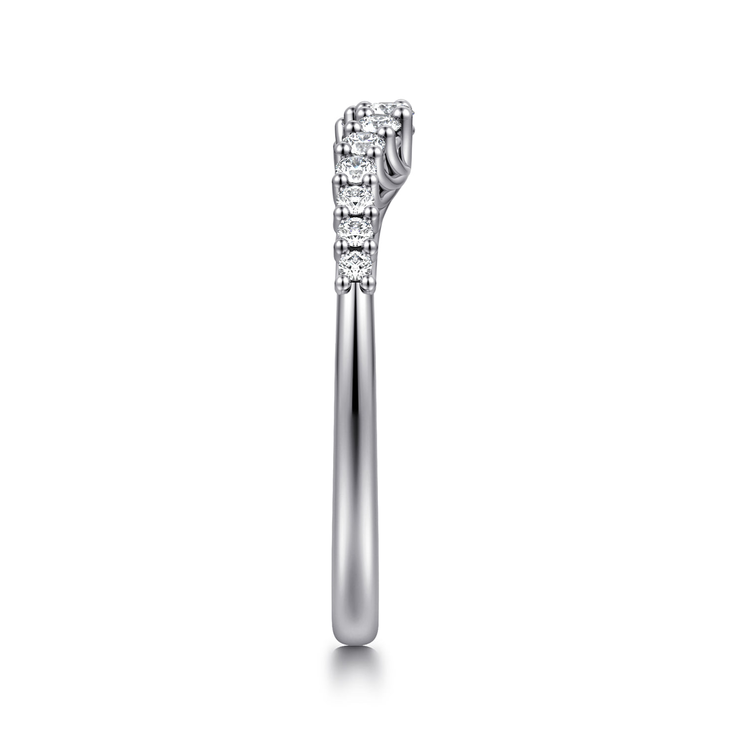 Curved Shared Prong Diamond Wedding Band in Platinum, photograph 4
