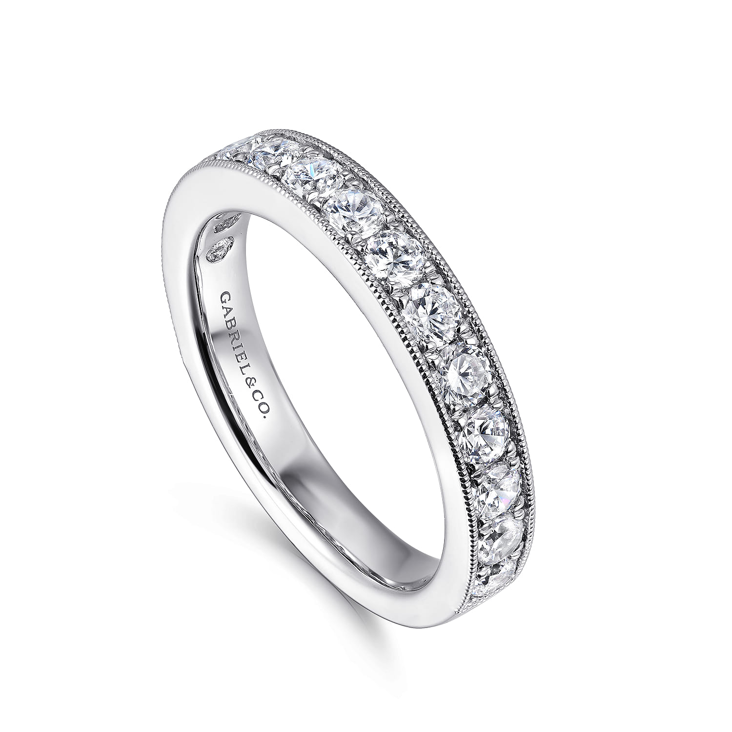 Micro Pave Set Diamond Wedding Band with Milgrain in 14K White Gold, photograph 3