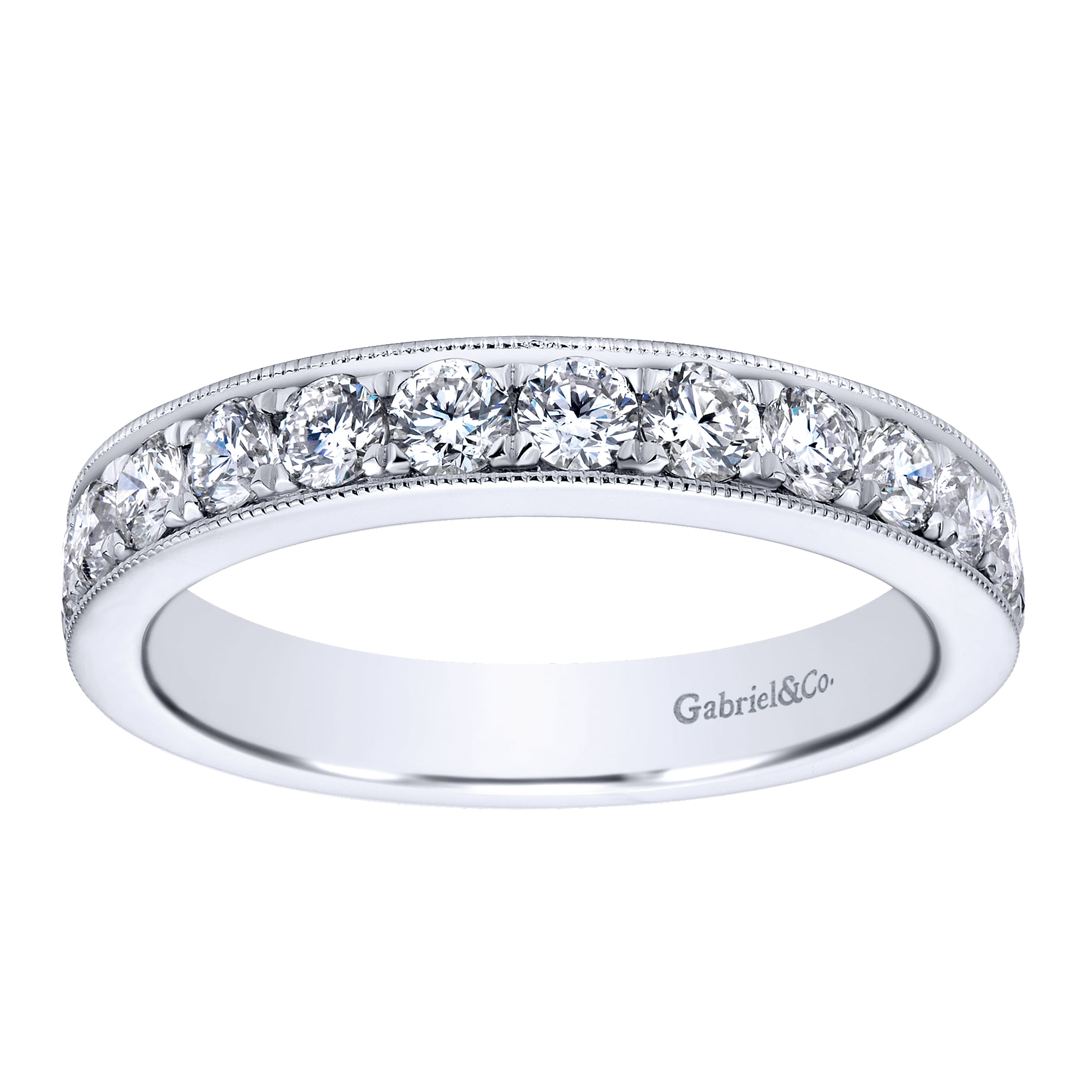 Micro Pave Set Diamond Wedding Band with Milgrain in 14K White Gold, photograph 5