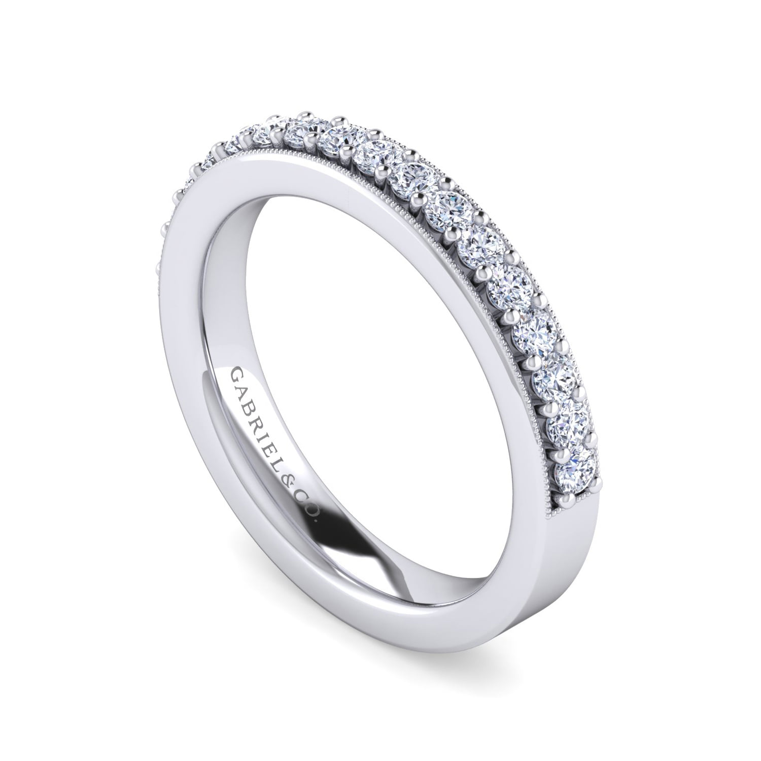 Channel Prong Diamond Wedding Band with Milgrain in 14K White Gold, photograph 3