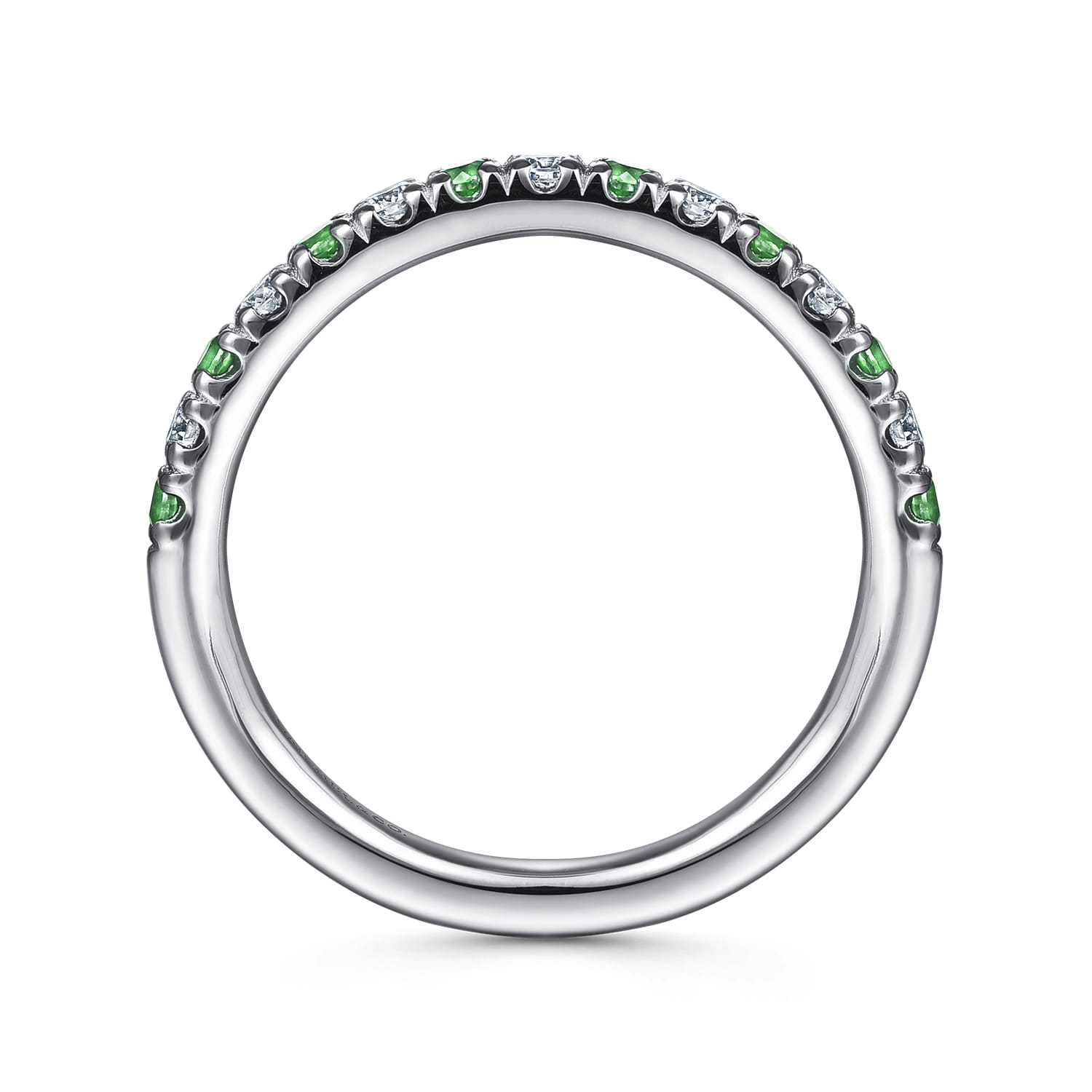 French Pave Diamond and Emerald Anniversary Band in 14K White Gold, photograph 2
