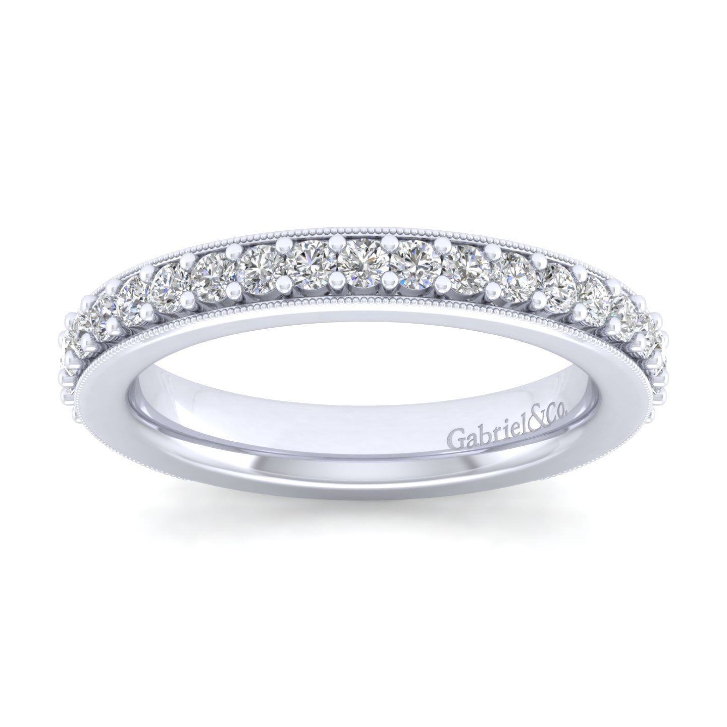 Channel Prong Diamond Wedding Band with Milgrain in 14K White Gold, photograph 5