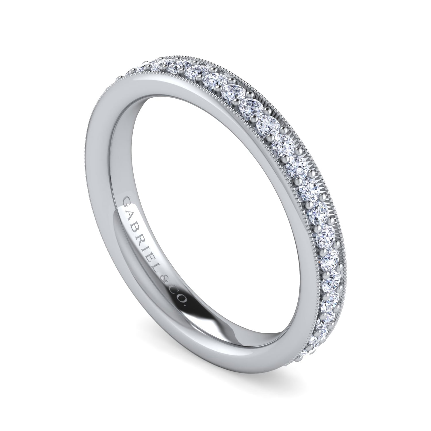 Channel Prong Diamond Wedding Band with Milgrain in 14K White Gold, photograph 3