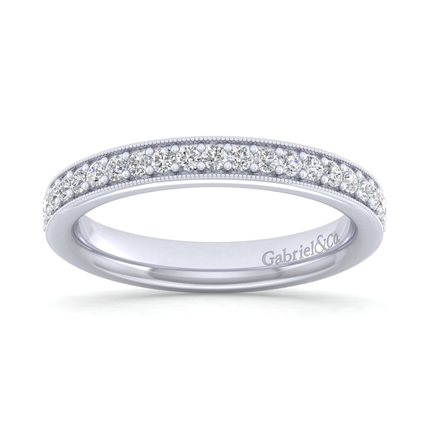 Channel Prong Diamond Wedding Band with Milgrain in 14K White Gold, photograph 5