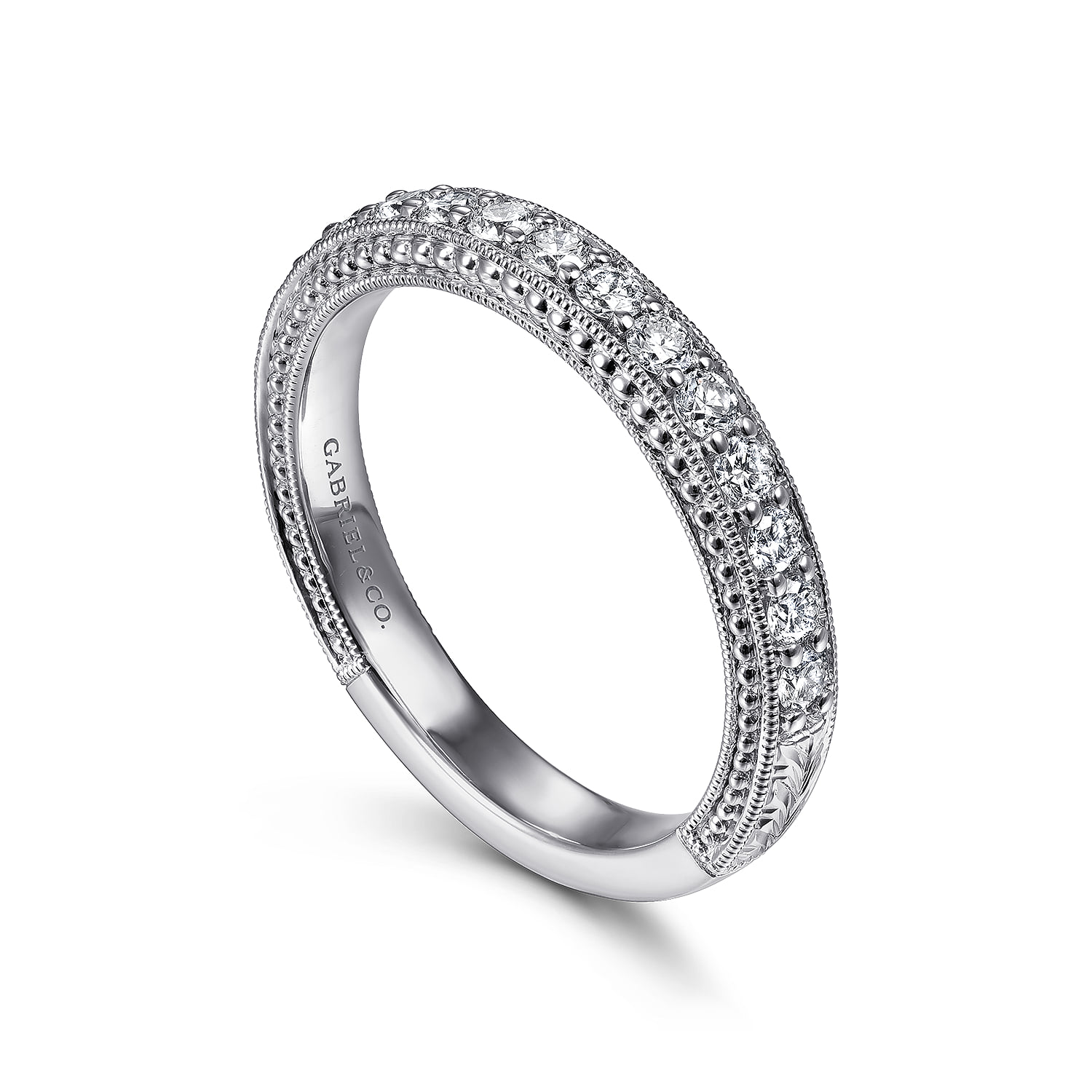 Vintage Inspired Diamond Wedding Band in 14K White Gold, photograph 3