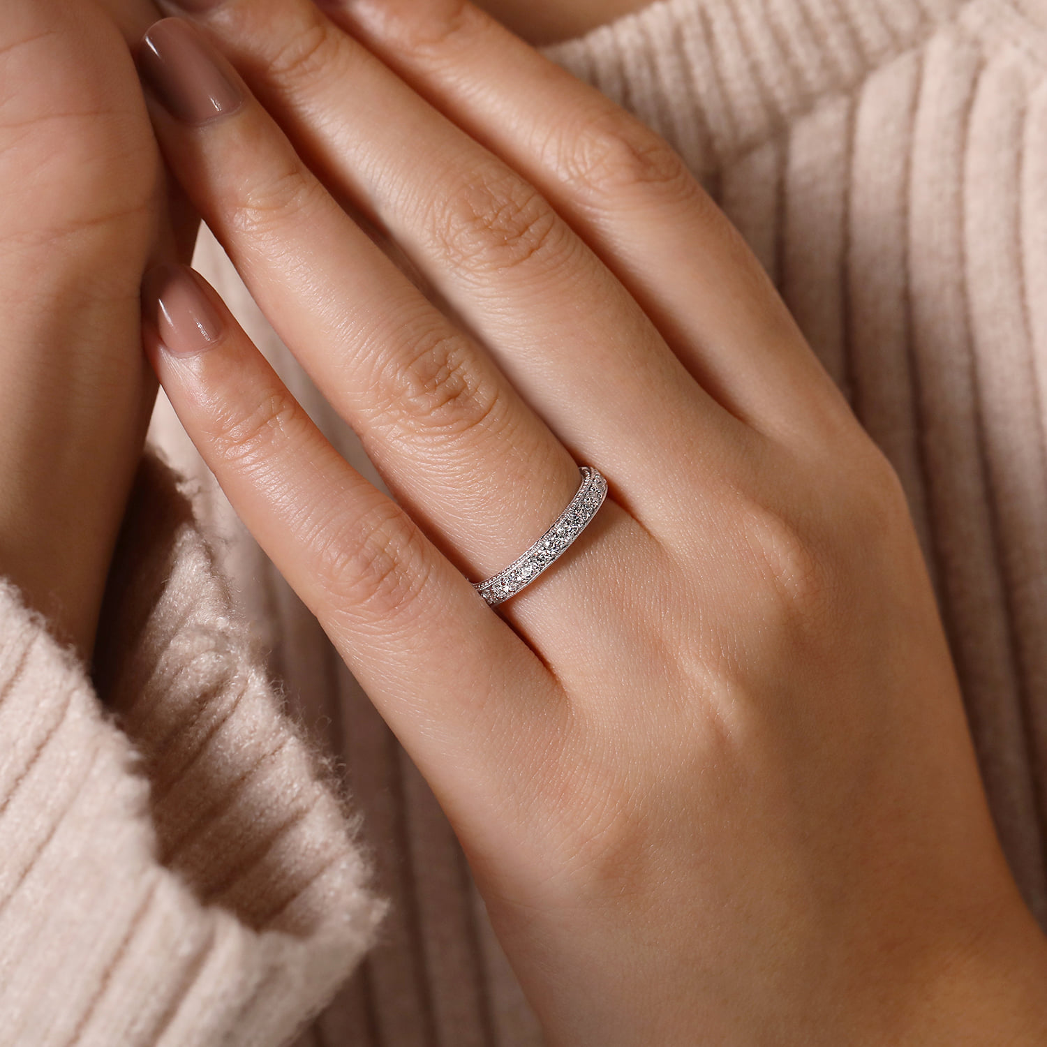 Vintage Inspired Diamond Wedding Band in 14K White Gold, photograph 5