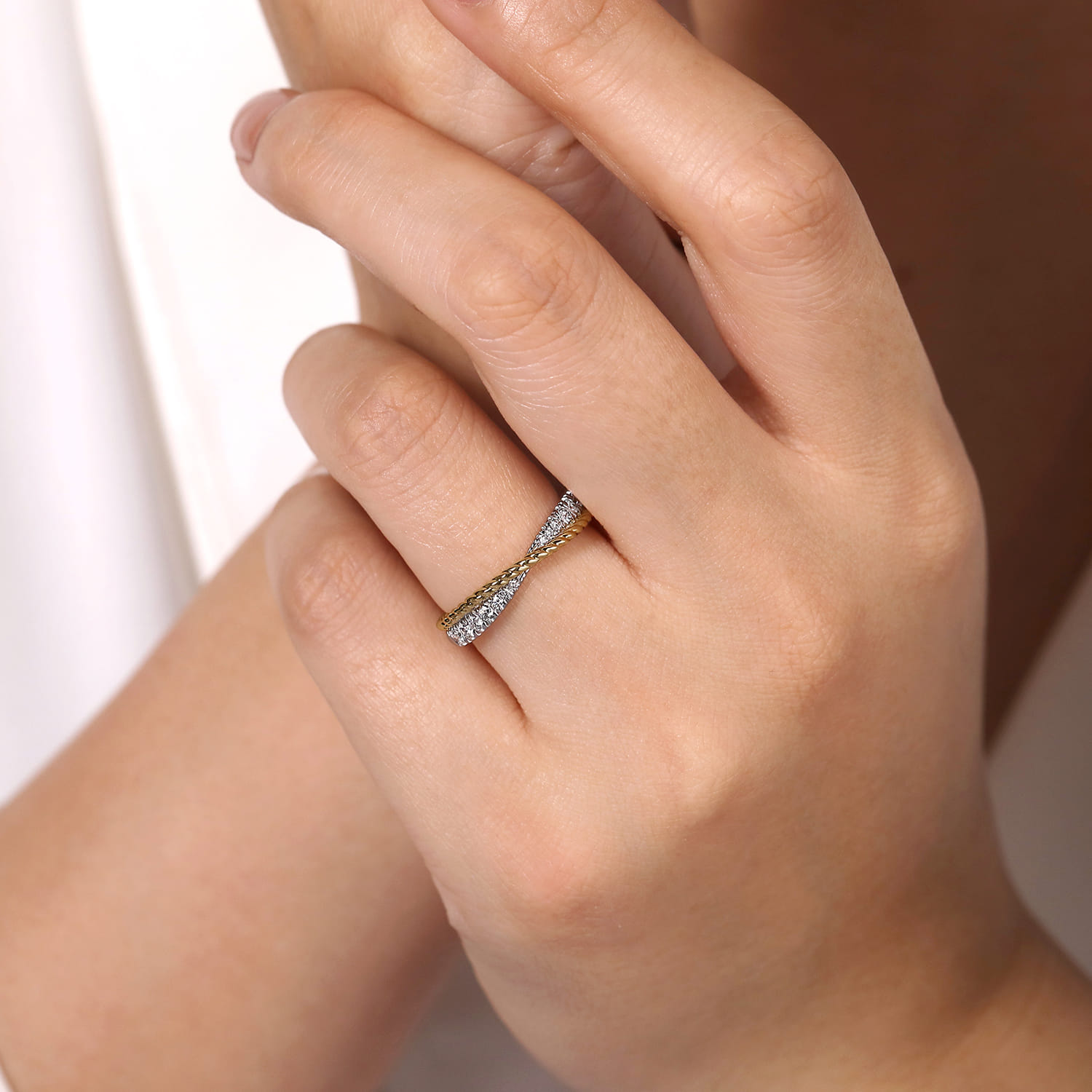 Criss Cross Diamond Anniversary Band with Twisted Rope Detail in 14K White/Yellow Gold, photograph 5