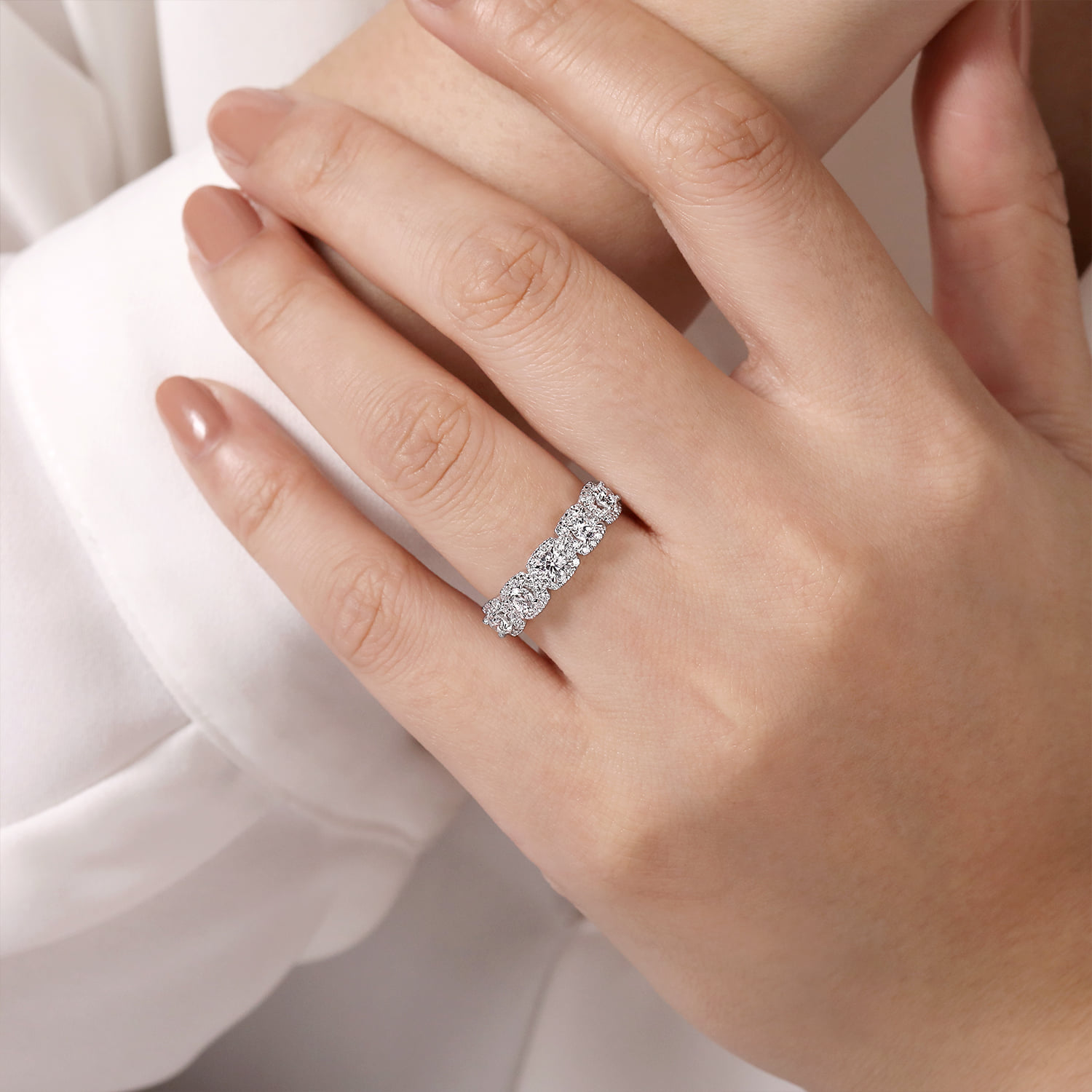 Diamond Halo Station Anniversary Band in 14K White Gold, photograph 5