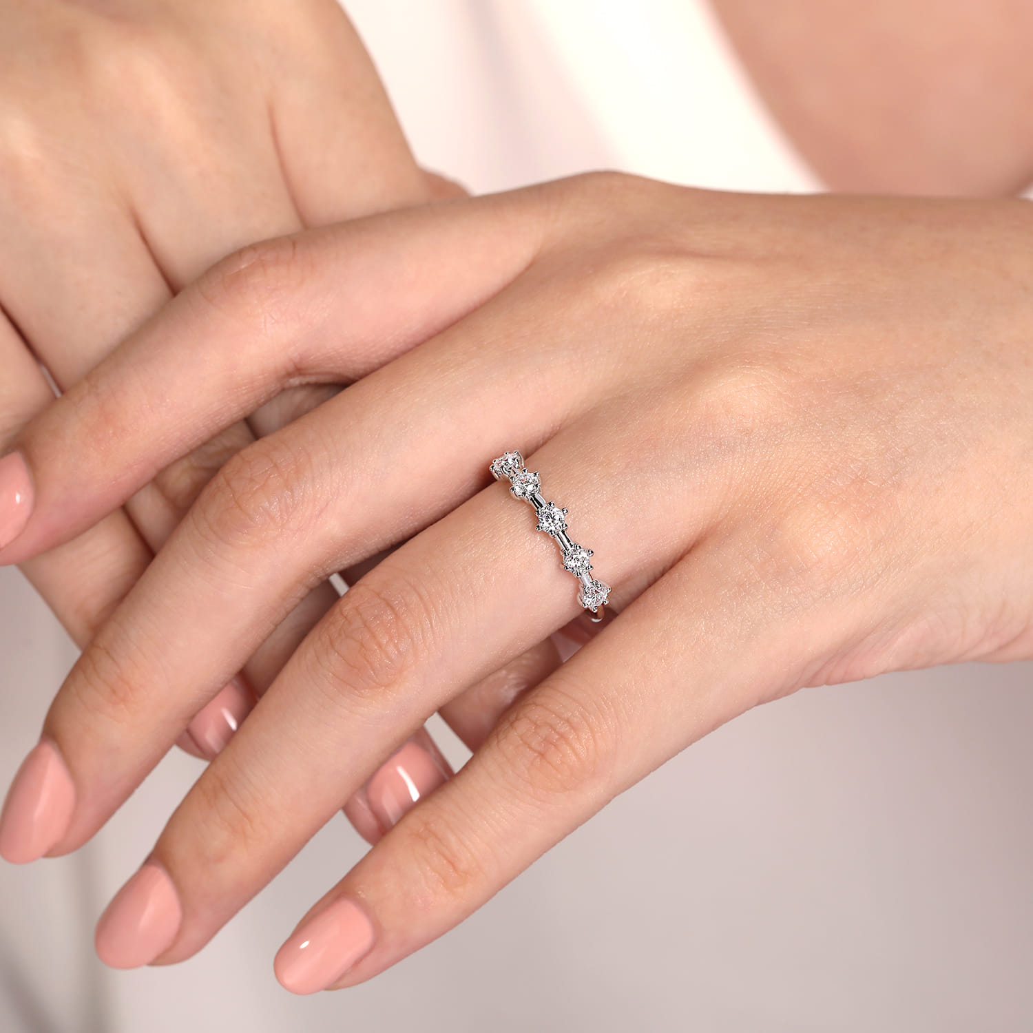5 Stone Stations Stackable Diamond Anniversary Band in 14K White Gold, photograph 5