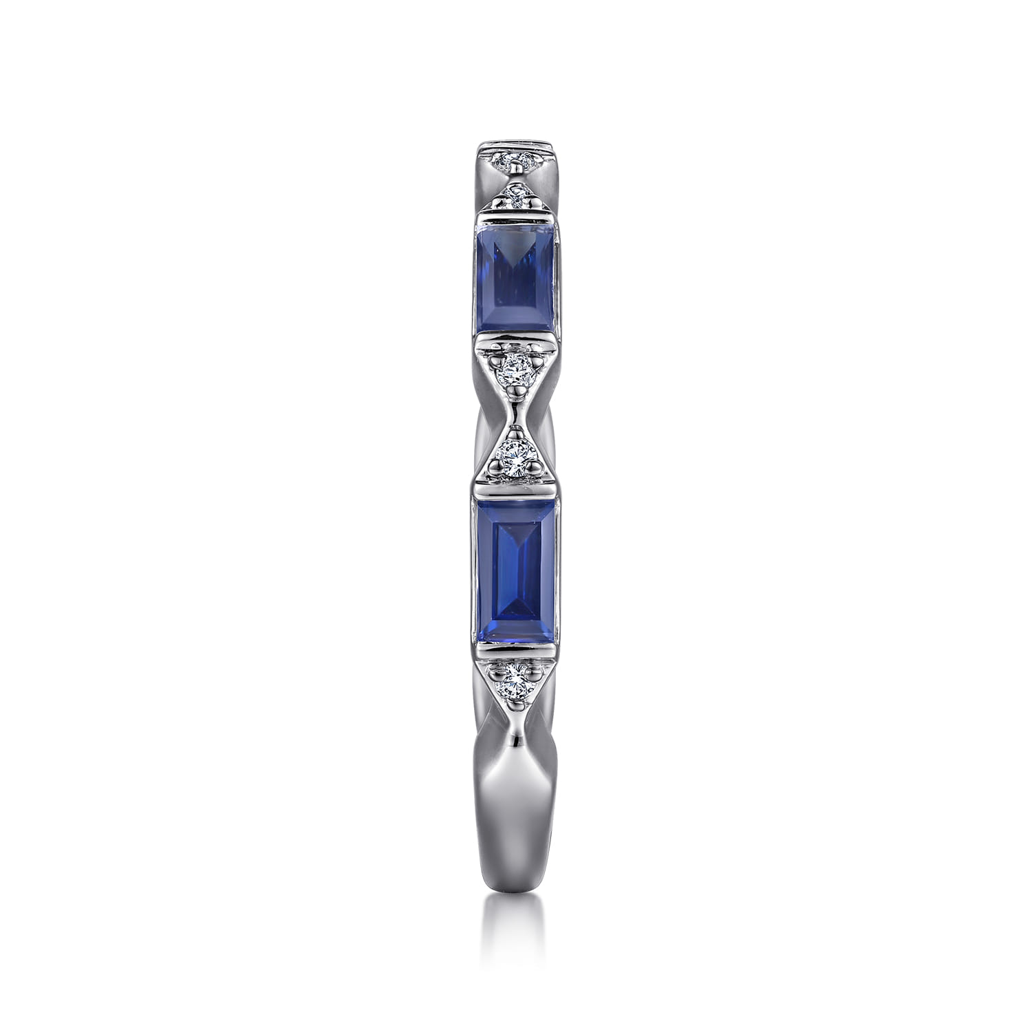Bar Set Baguette Sapphire and Pave Round Diamond Anniversary Band in 14K White Gold, photograph 4