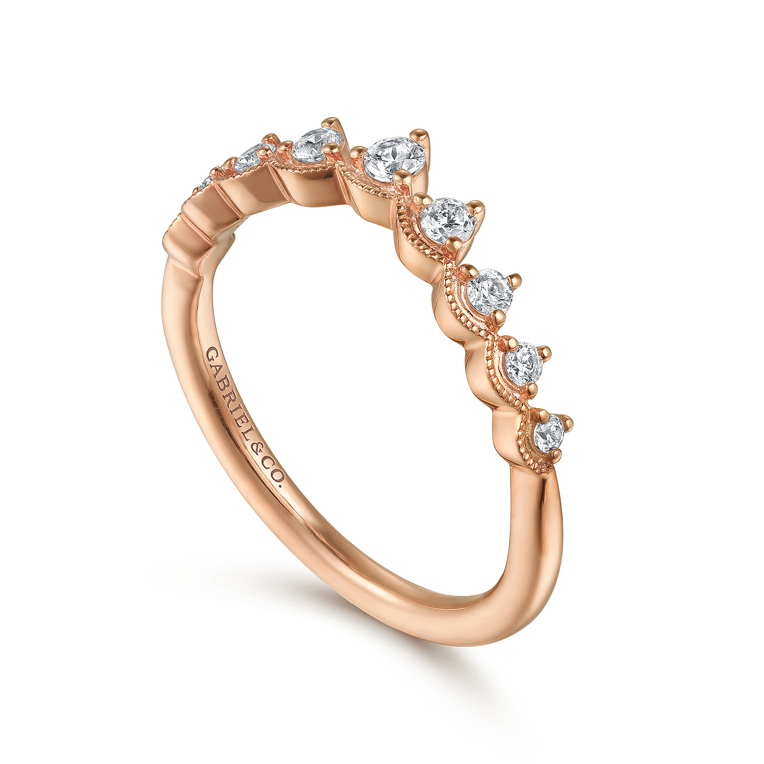 Vintage Inspired Curved Diamond Anniversary Band in 14K Rose Gold, photograph 3