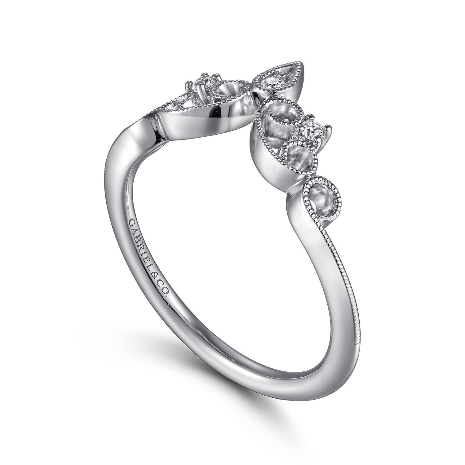 Curved Filigree Diamond Ring in 14K White Gold, photograph 3