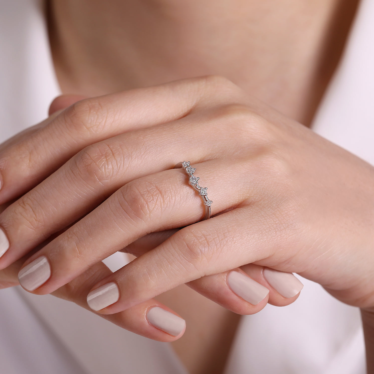 Vintage Inspired Curved Diamond Anniversary Band in 14K White Gold, photograph 5