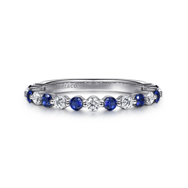 14K White Gold Single Prong Diamond and Sapphire Anniversary Band