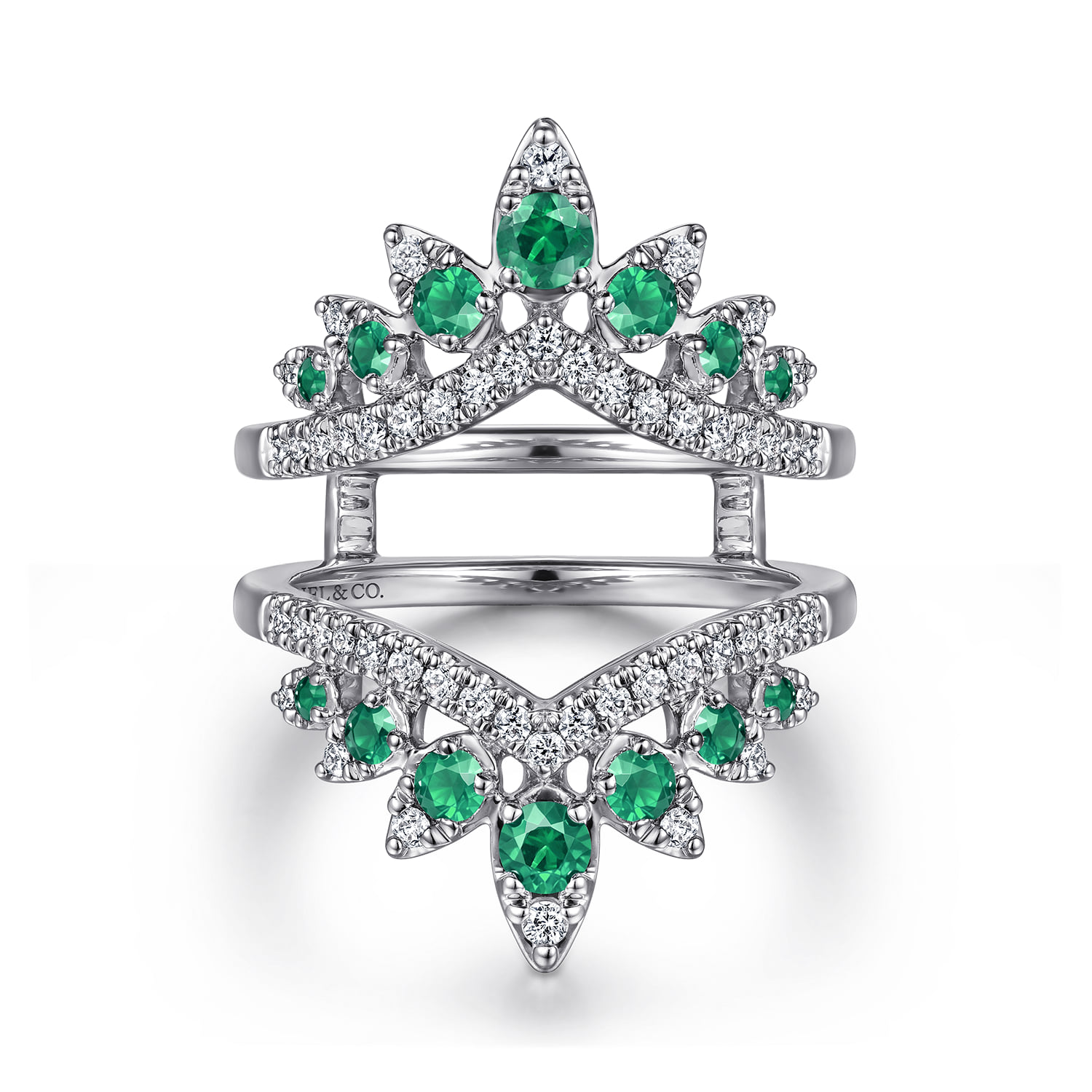 Prong Set Bursting Chevron Emerald and Diamond Ring Enhancer