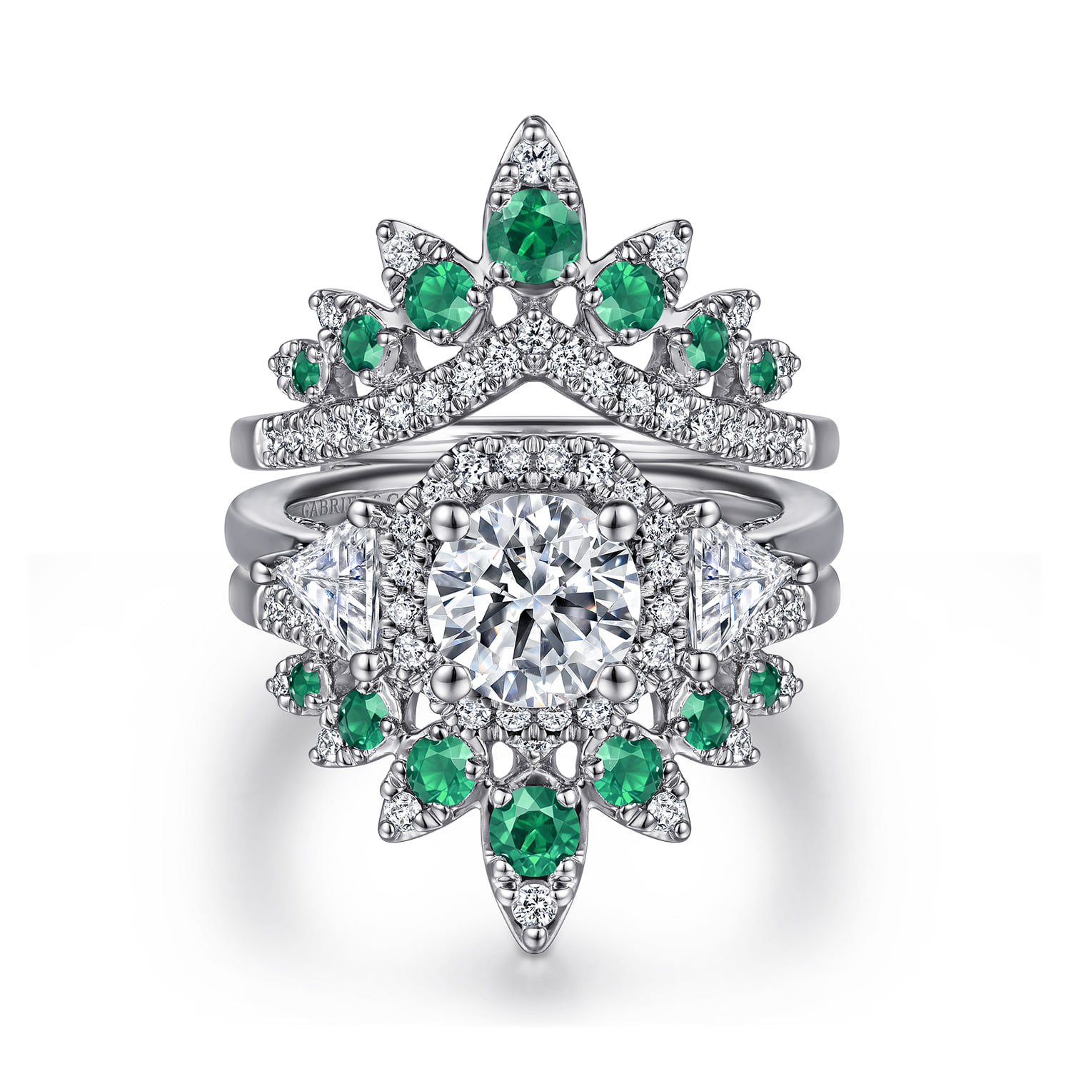 Prong Set Bursting Chevron Emerald and Diamond Ring Enhancer in 14K White Gold, photograph 4