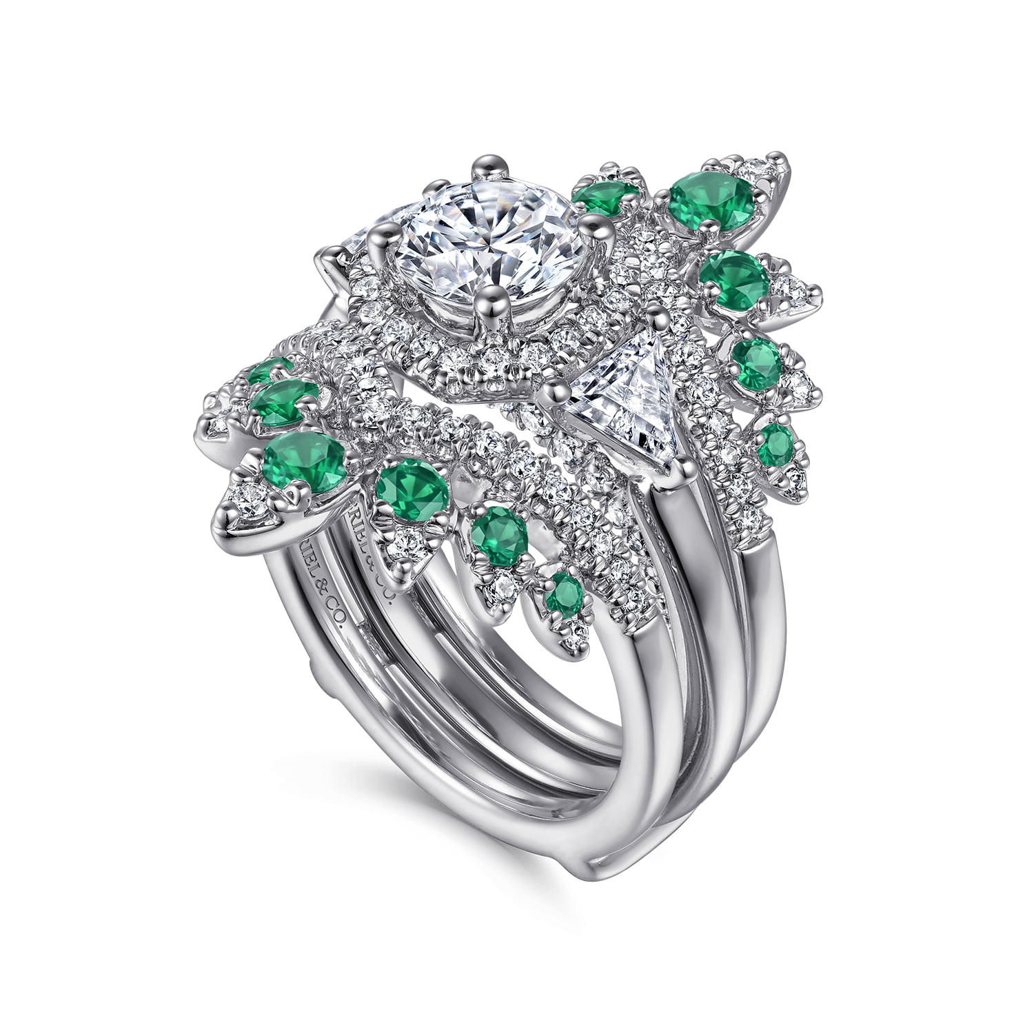 Prong Set Bursting Chevron Emerald and Diamond Ring Enhancer in 14K White Gold, photograph 6
