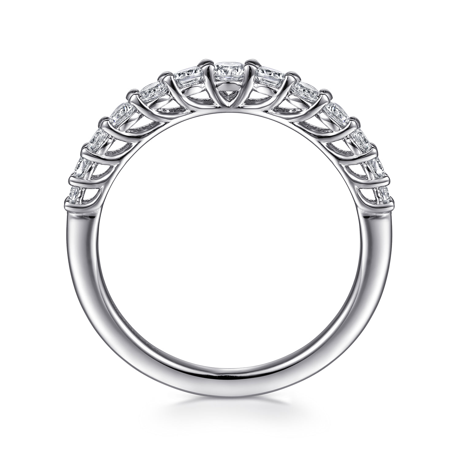 Curved Shared Prong Diamond Wedding Band in 14K White Gold, photograph 2