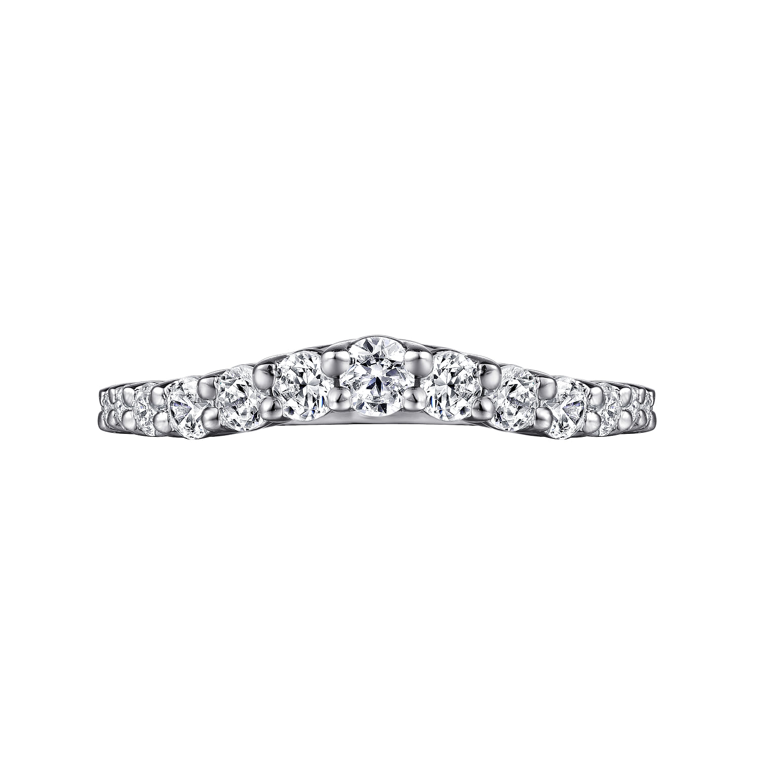 Curved Shared Prong Diamond Wedding Band in 14K White Gold, photograph 5