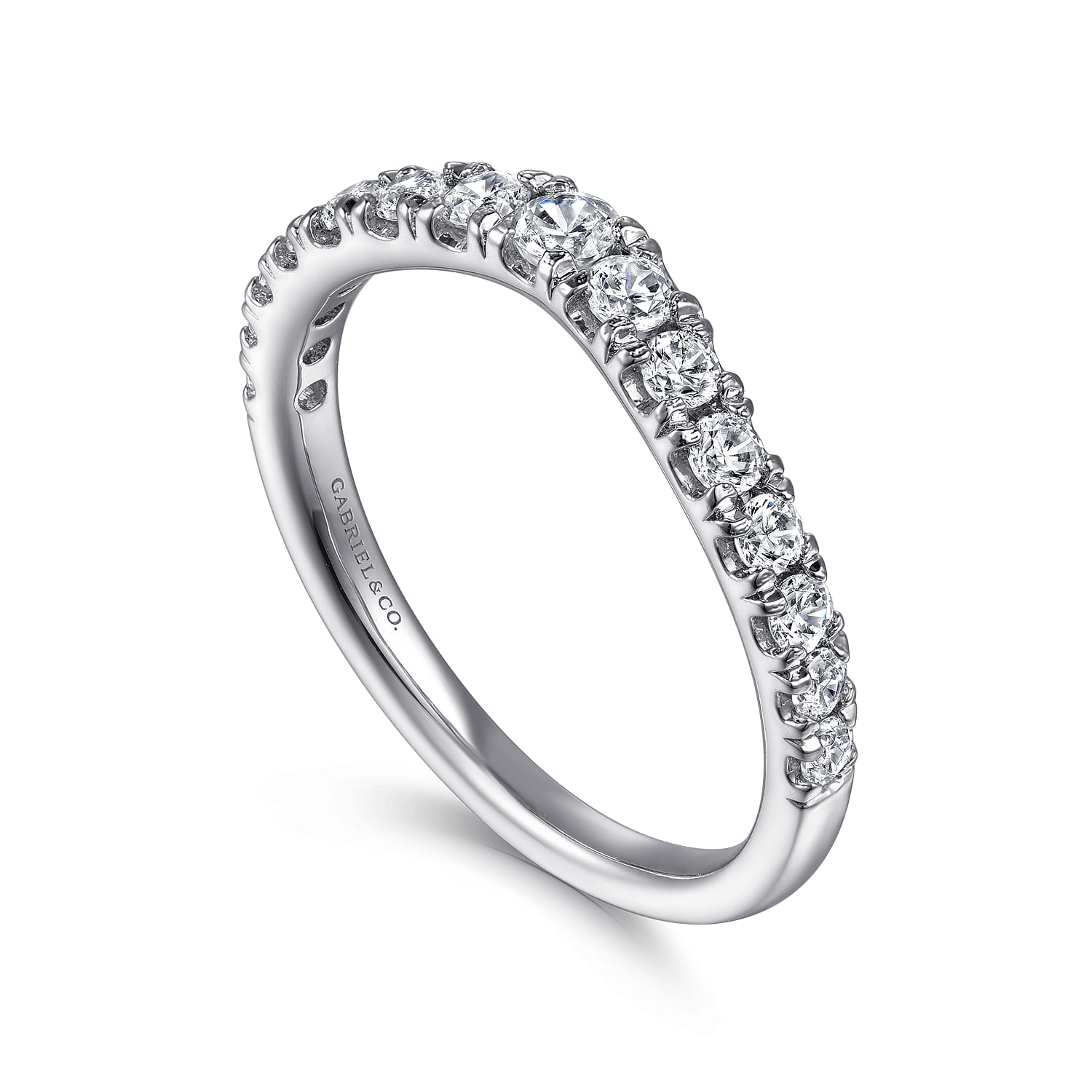 Curved French Pave Diamond Wedding Band in 14K White Gold, photograph 3