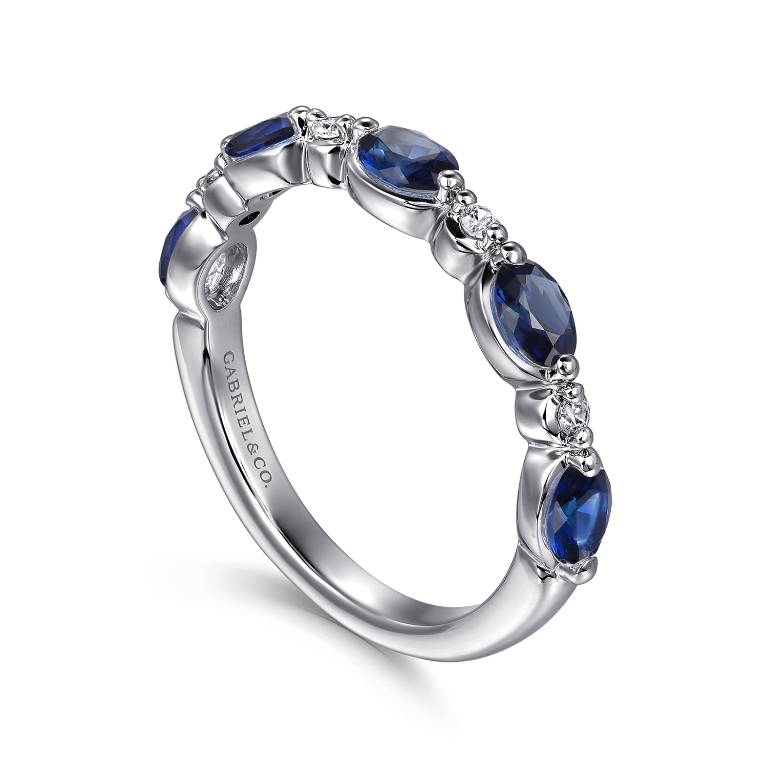 Bezel Set Oval Sapphire and Round Diamond Anniversary Band in 14K White Gold, photograph 3
