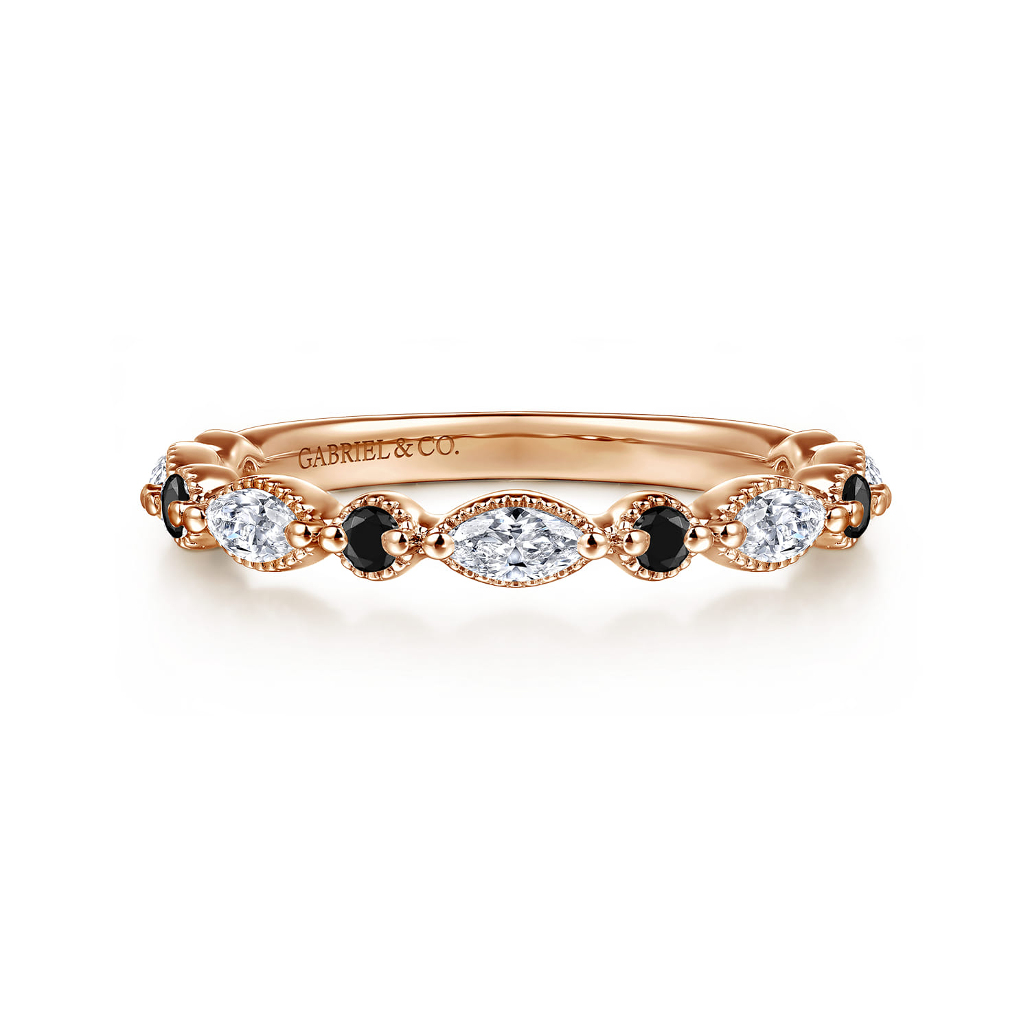 Vintage Inspired Round Black Diamond and Marquise Diamond Anniversary Band in 14K Rose Gold