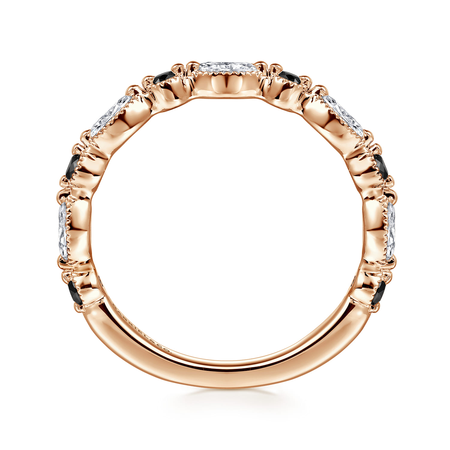 Vintage Inspired Round Black Diamond and Marquise Diamond Anniversary Band in 14K Rose Gold, photograph 2