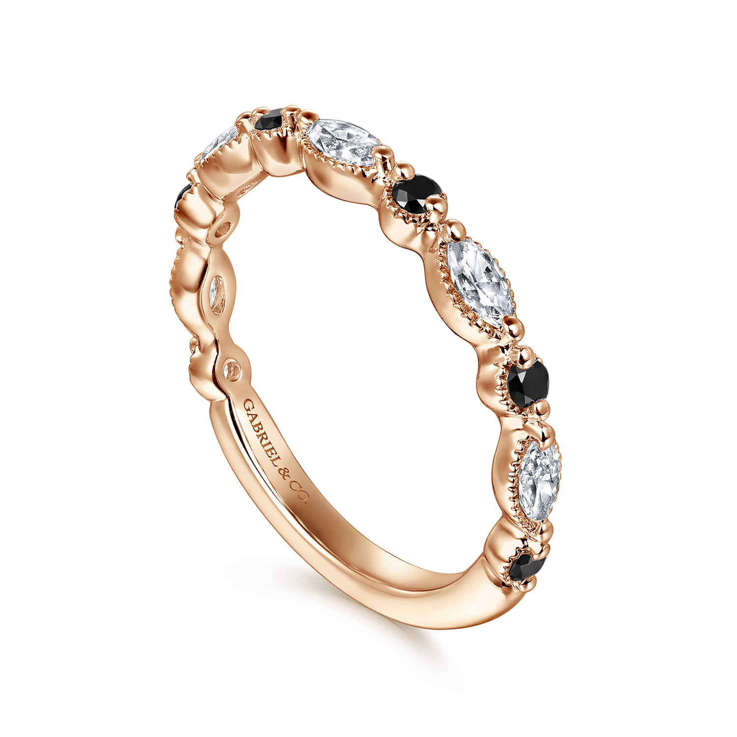 Vintage Inspired Round Black Diamond and Marquise Diamond Anniversary Band in 14K Rose Gold, photograph 3