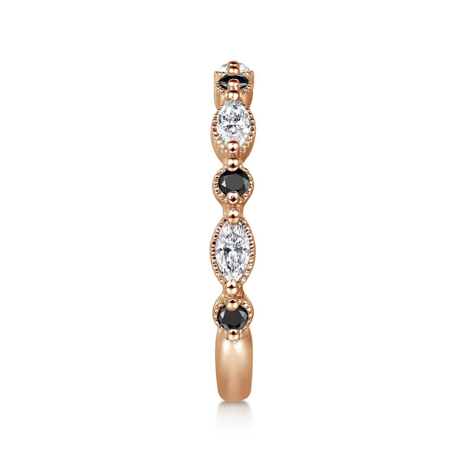 Vintage Inspired Round Black Diamond and Marquise Diamond Anniversary Band in 14K Rose Gold, photograph 4