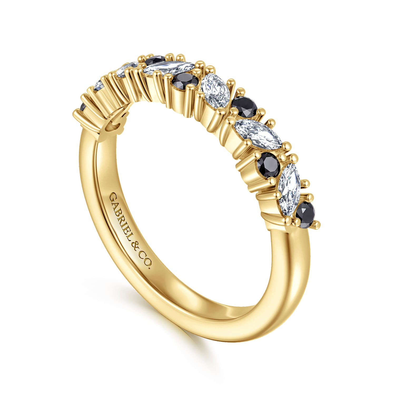 Prong Round Black Diamond and Marquise Diamond Anniversary Band in 14K Yellow Gold, photograph 3
