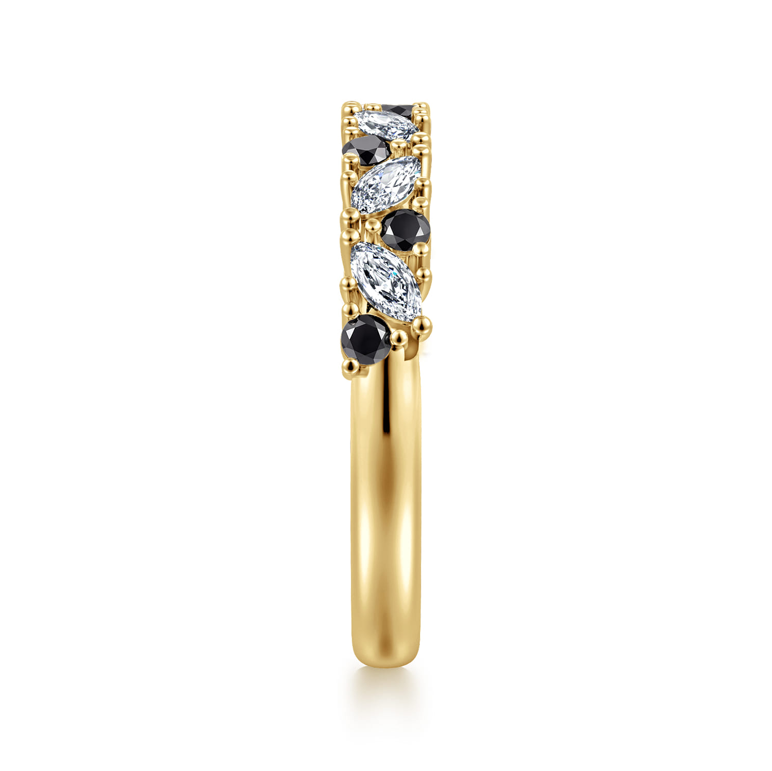 Prong Round Black Diamond and Marquise Diamond Anniversary Band in 14K Yellow Gold, photograph 4