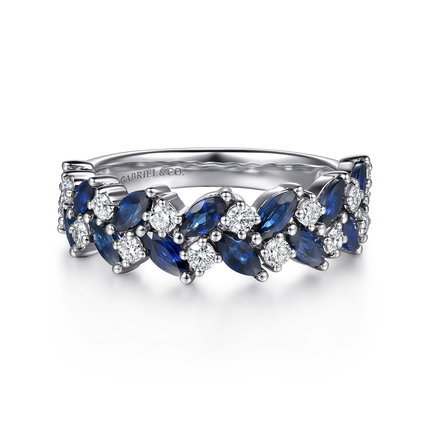 Prong Set Marquise Sapphire and Round Diamond Anniversary Band in 14K White Gold