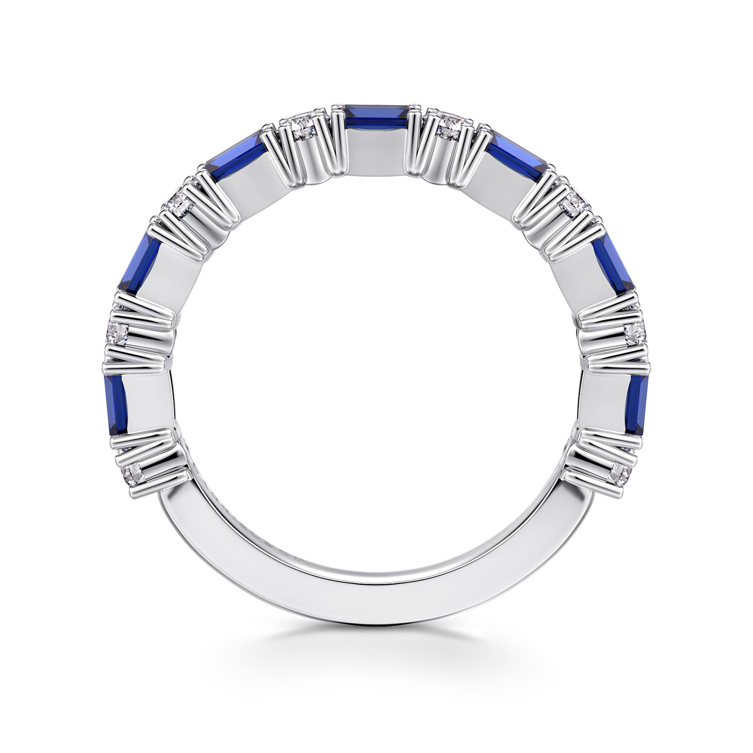 Prong Set Baguette Sapphire and Round Diamond Anniversary Band in 14K White Gold, photograph 2