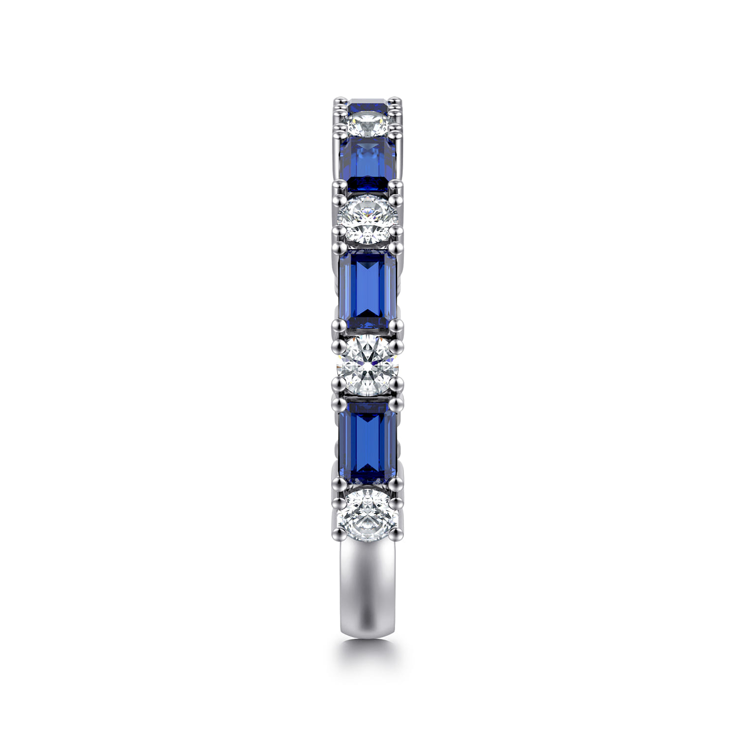Prong Set Baguette Sapphire and Round Diamond Anniversary Band in 14K White Gold, photograph 4