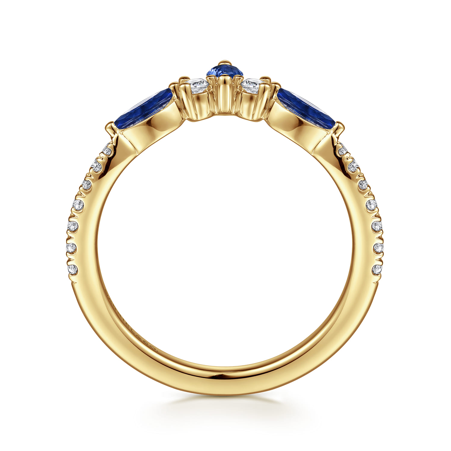Curved Prong Set and French Pave Marquise Sapphire and Round Diamond Anniversary Band in 14K Yellow Gold, photograph 2